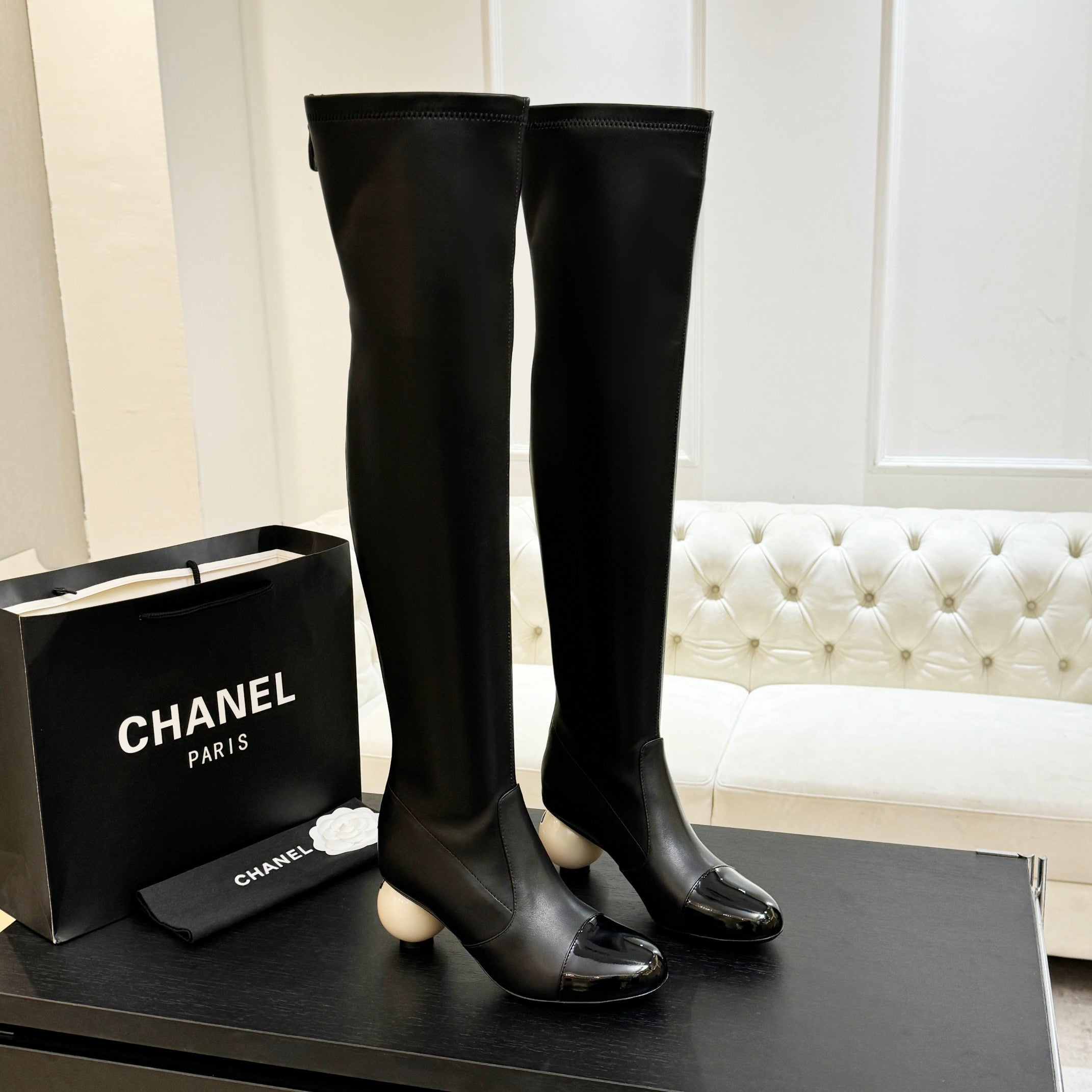 CC 25A Double C Giant Pearl Heel Boots 50mm Black Cowhide 454946