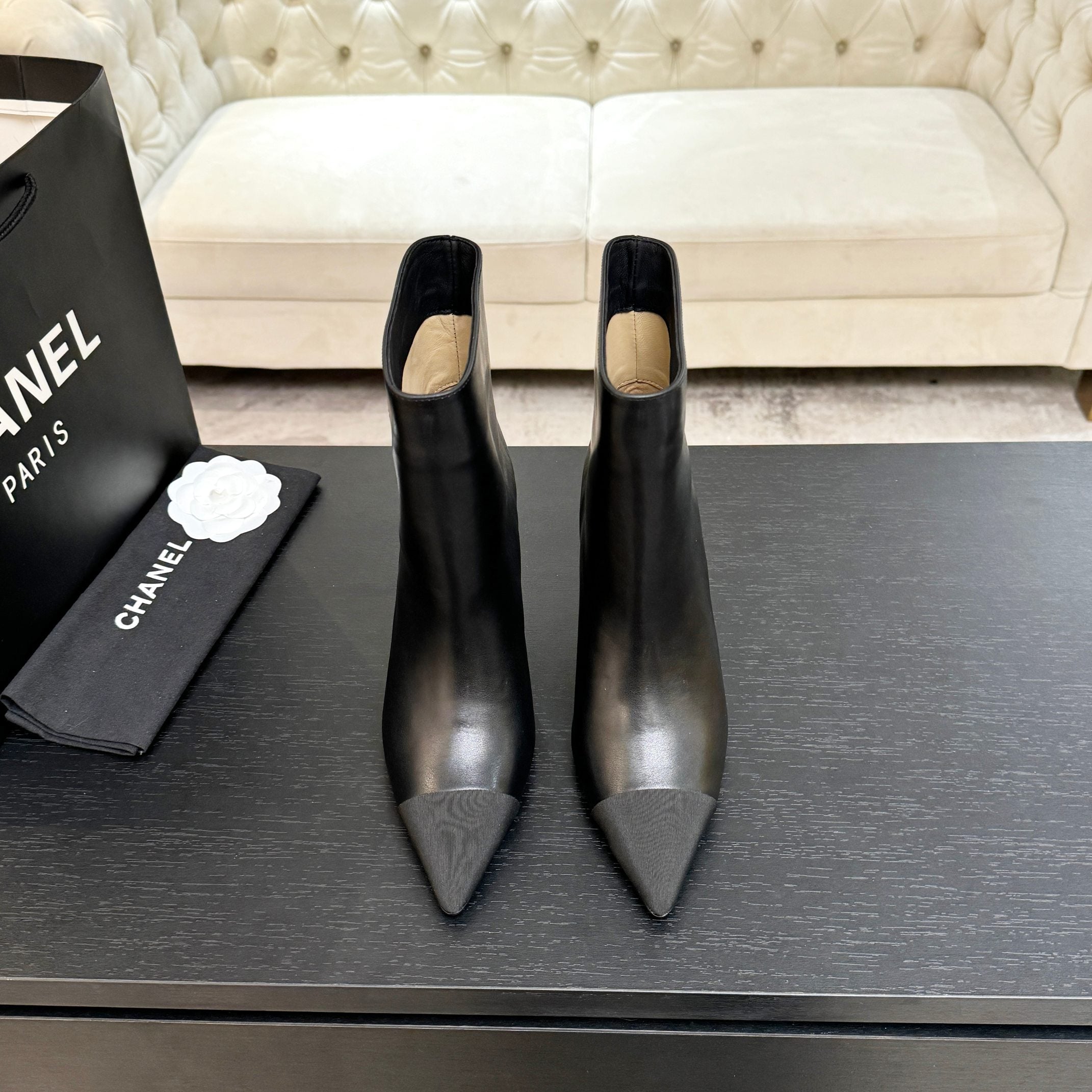 CC Gabrielle Chanel Ankle Boots 8.5cm Black Sheepskin Black Fabric