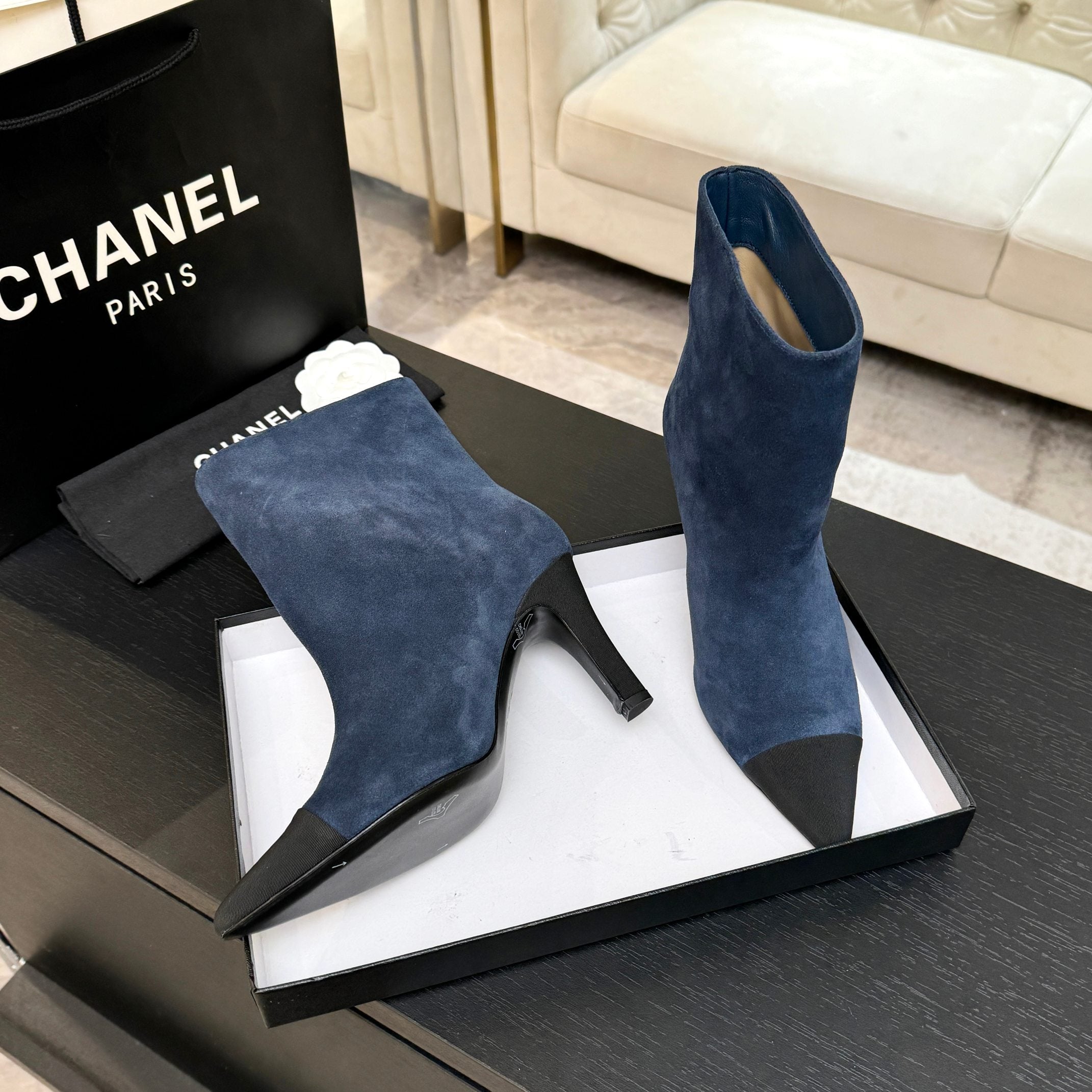 CC Gabrielle Chanel Ankle  Boots 8.5cm Dark Blue Suede Black Fabric