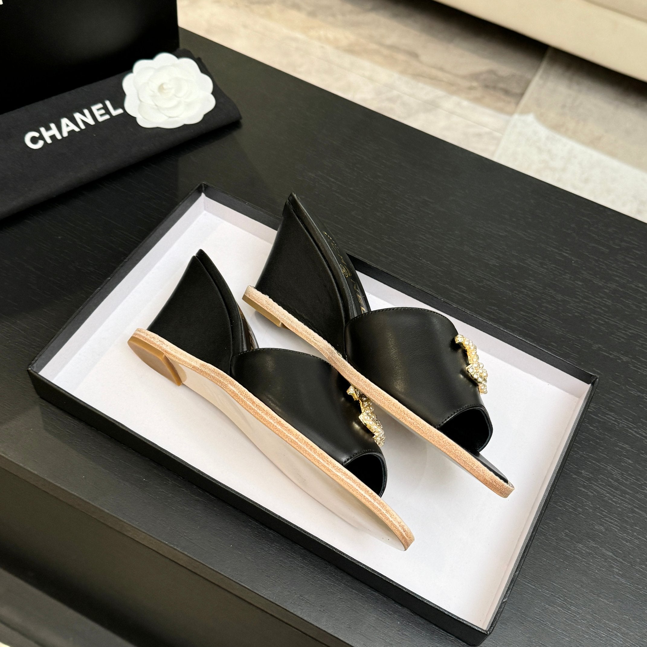 CC 26C Wedge Sandals Black Gold Lambskin 672975