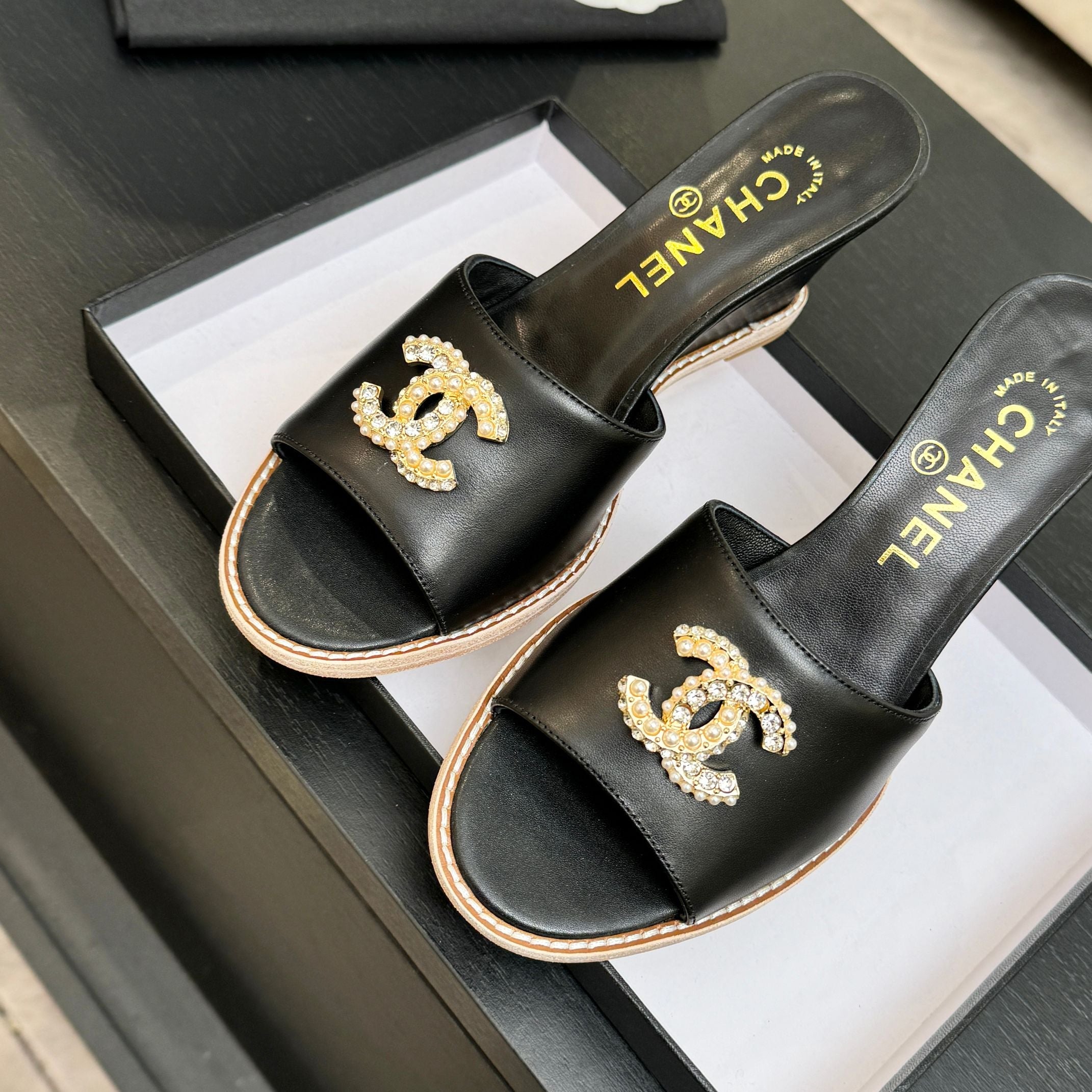 CC 26C Wedge Sandals Black Gold Lambskin 672975