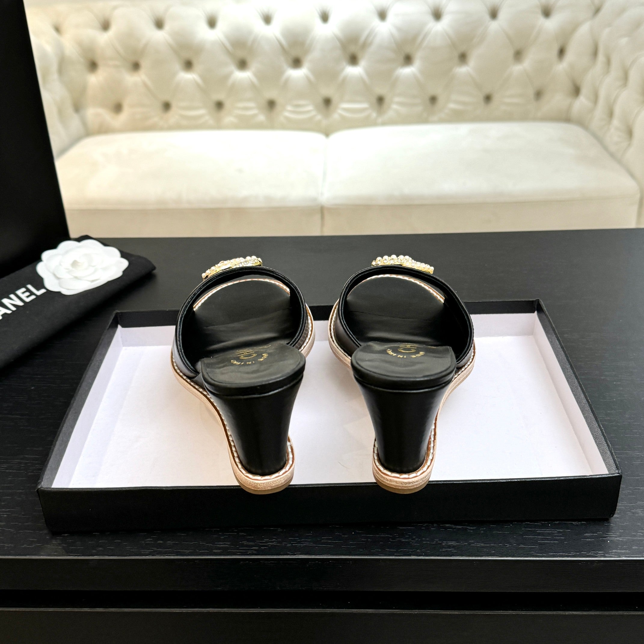 CC 26C Wedge Sandals Black Gold Lambskin 672975