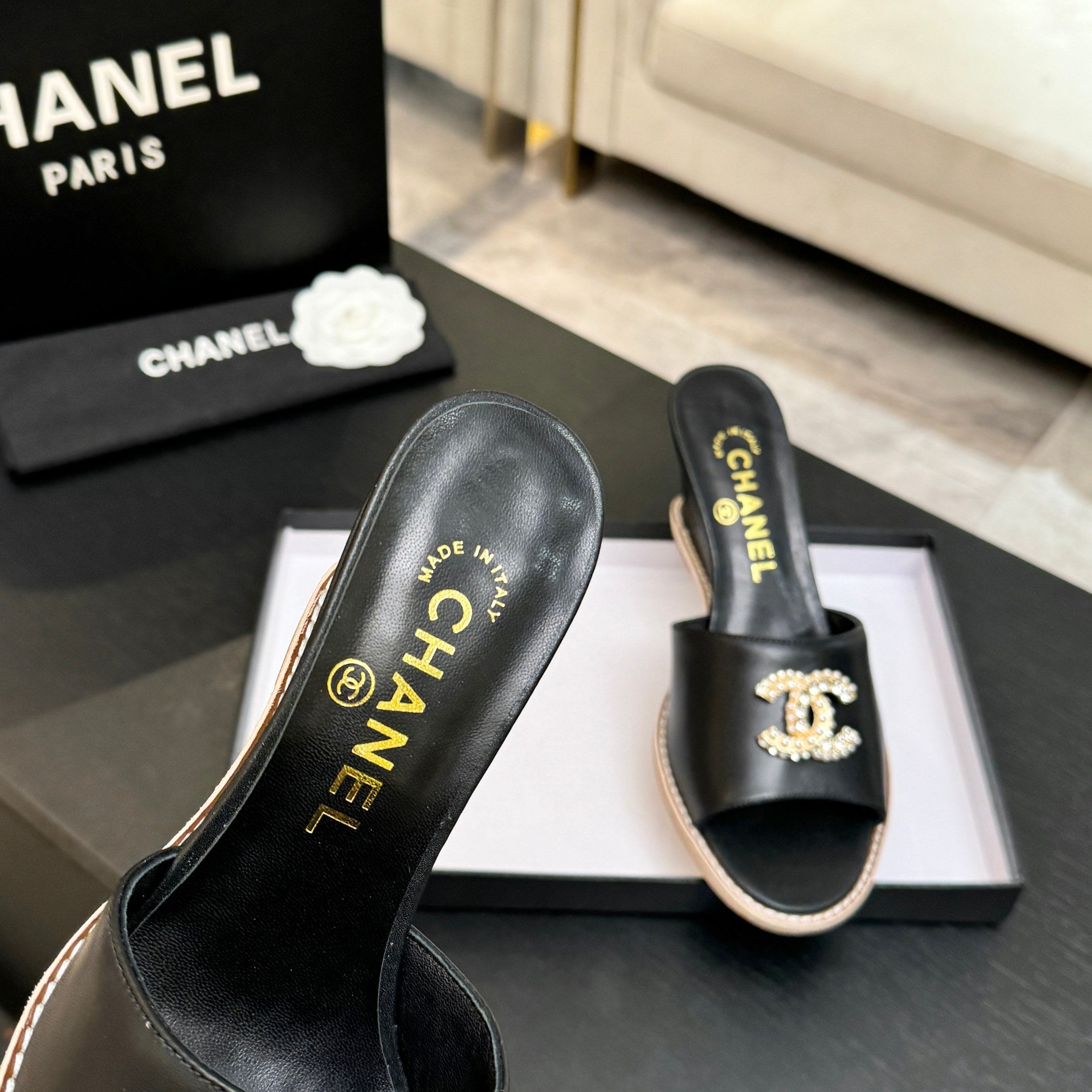 CC 26C Wedge Sandals Black Gold Lambskin 672975