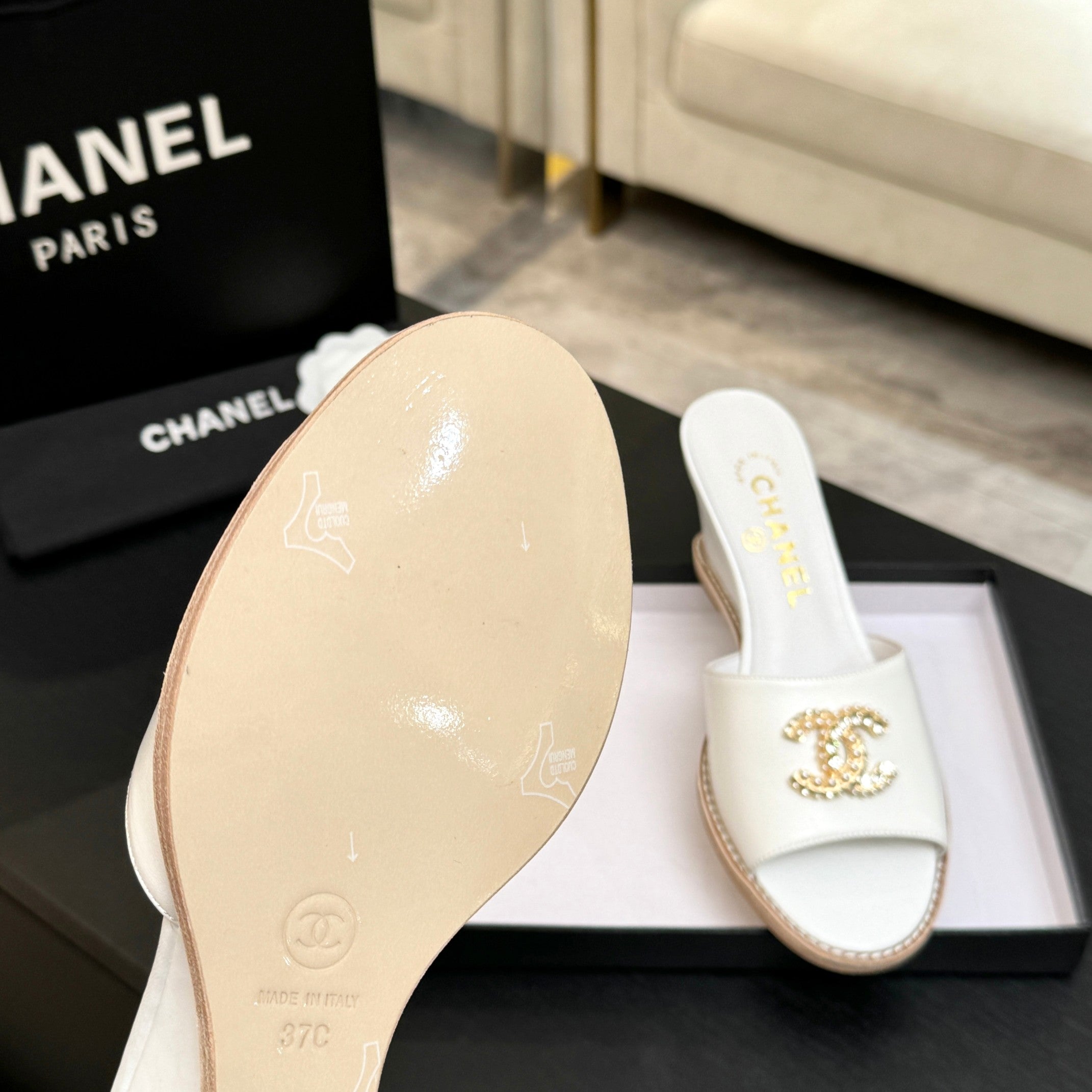 CC 26C Wedge Sandals White Gold Lambskin 672980
