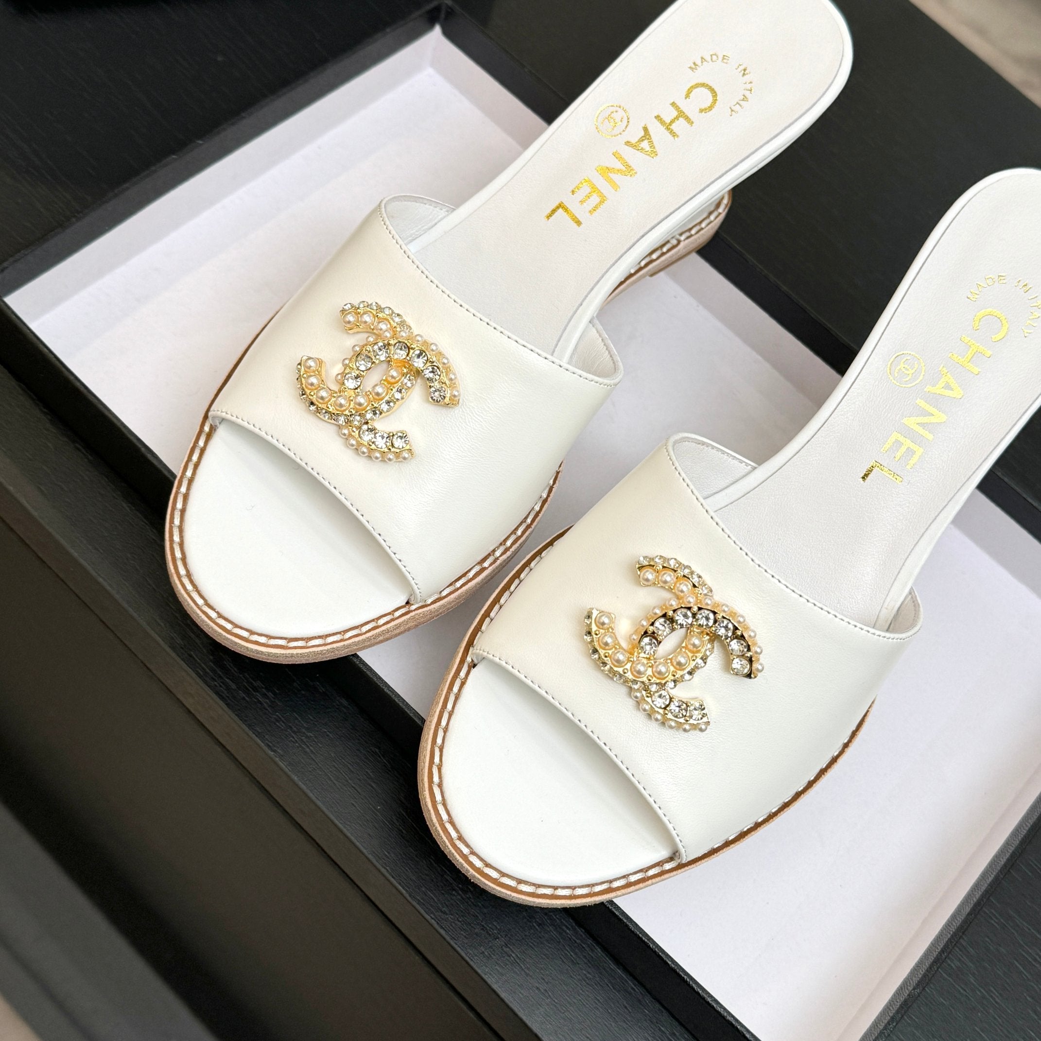CC 26C Wedge Sandals White Gold Lambskin 672980