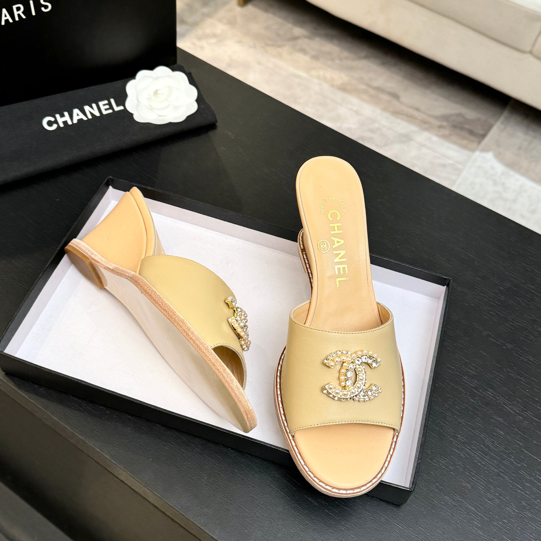 CC 26C Wedge Sandals Beige Lambskin 672983