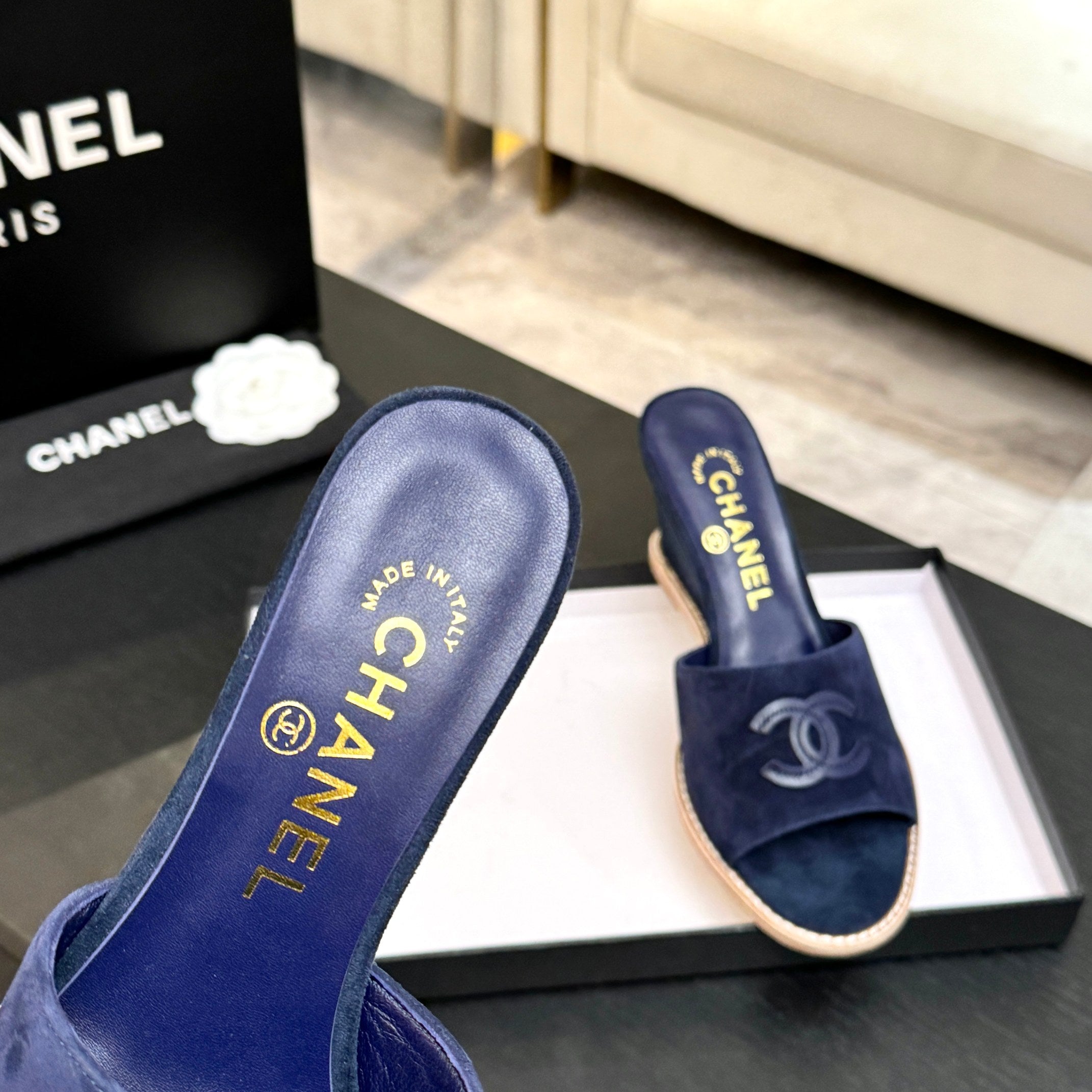 CC 26C Wedge Sandals Dark Blue Suede 672984