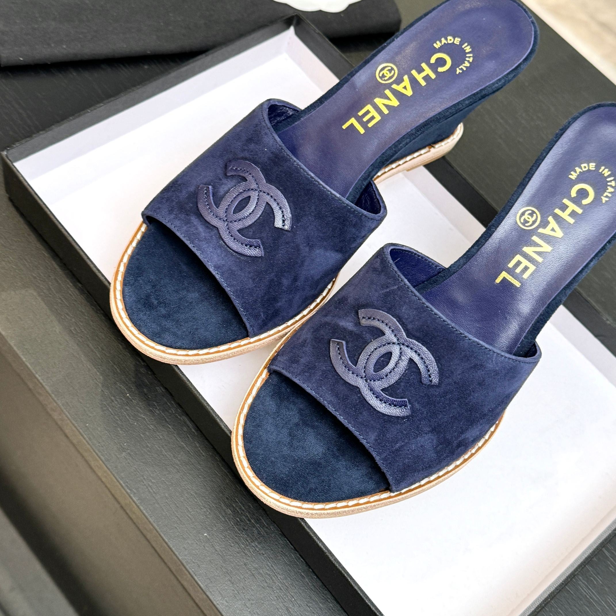 CC 26C Wedge Sandals Dark Blue Suede 672984