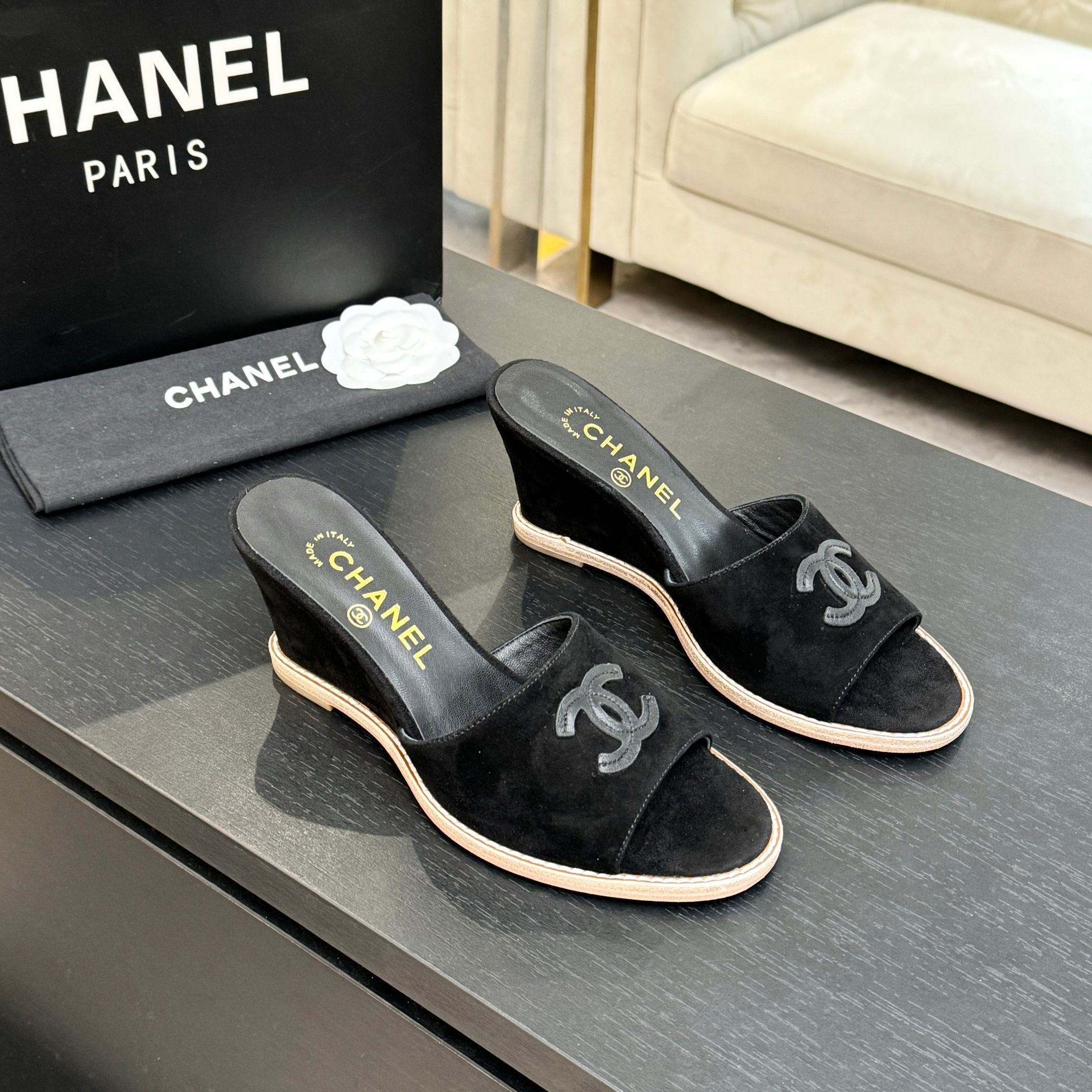 CC 26C Wedge Sandals Black Suede 672986