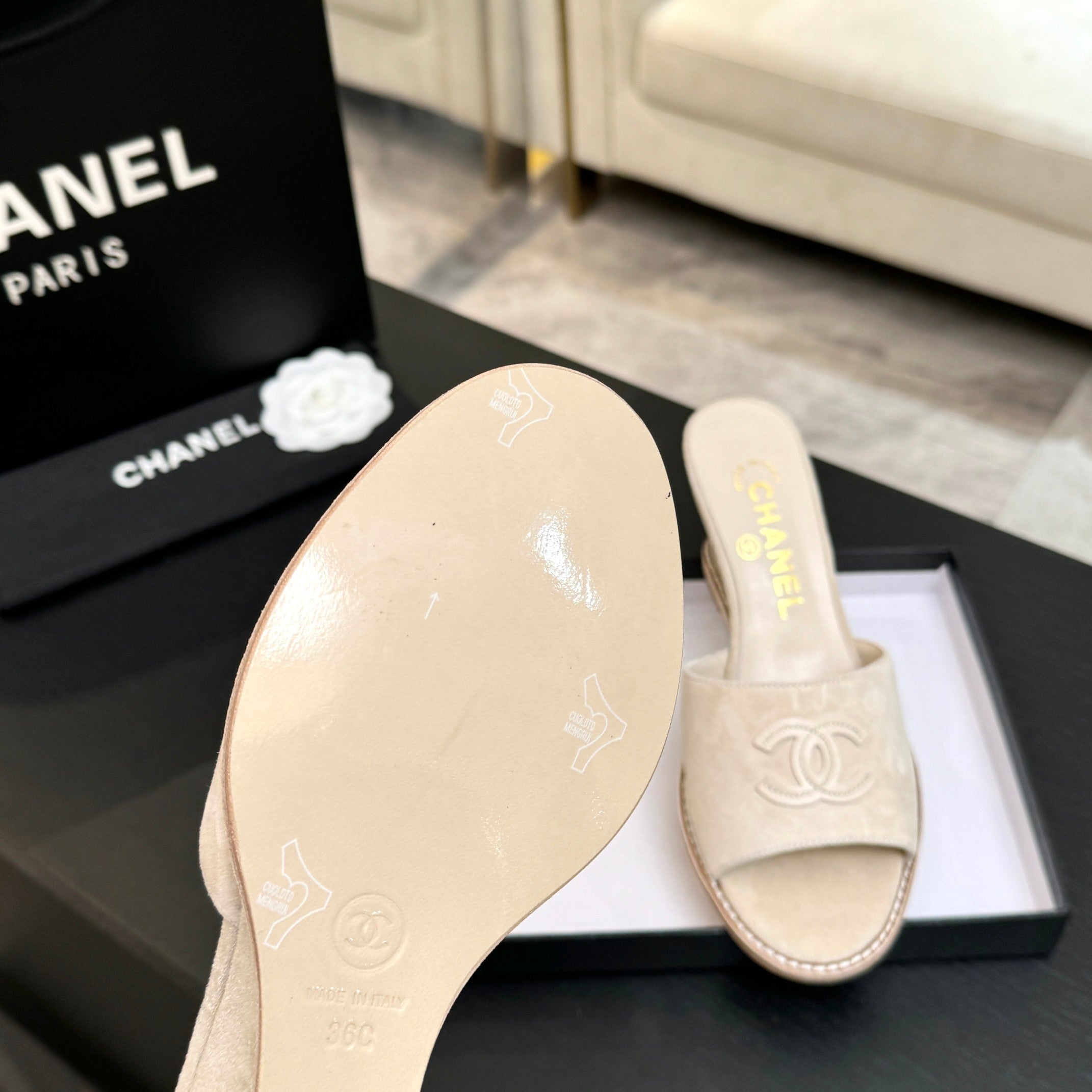 CC 26C Wedge Sandals Ivory Suede Suede