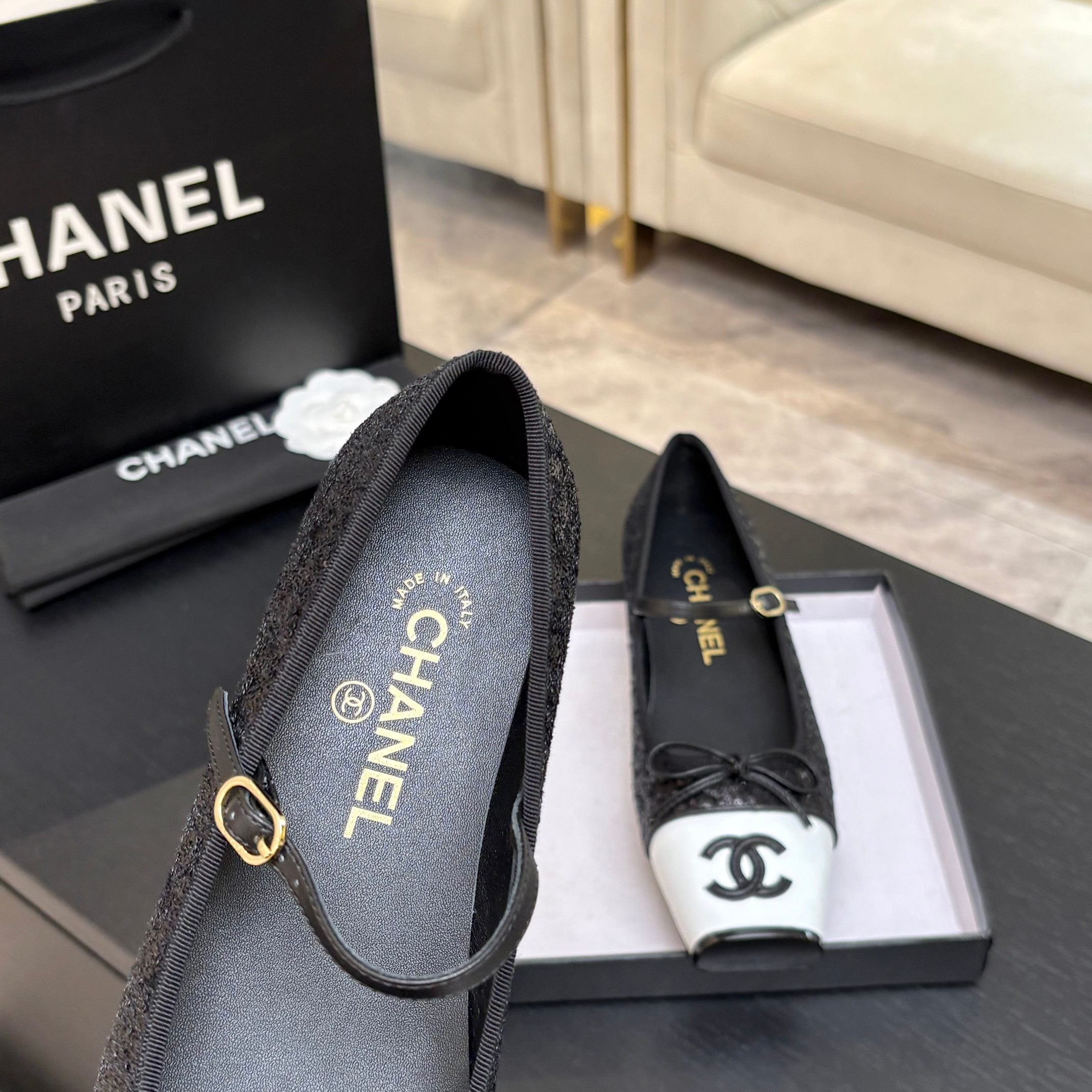 CC 26s Square Head Ballet Flat Black Sequin Leather 847241