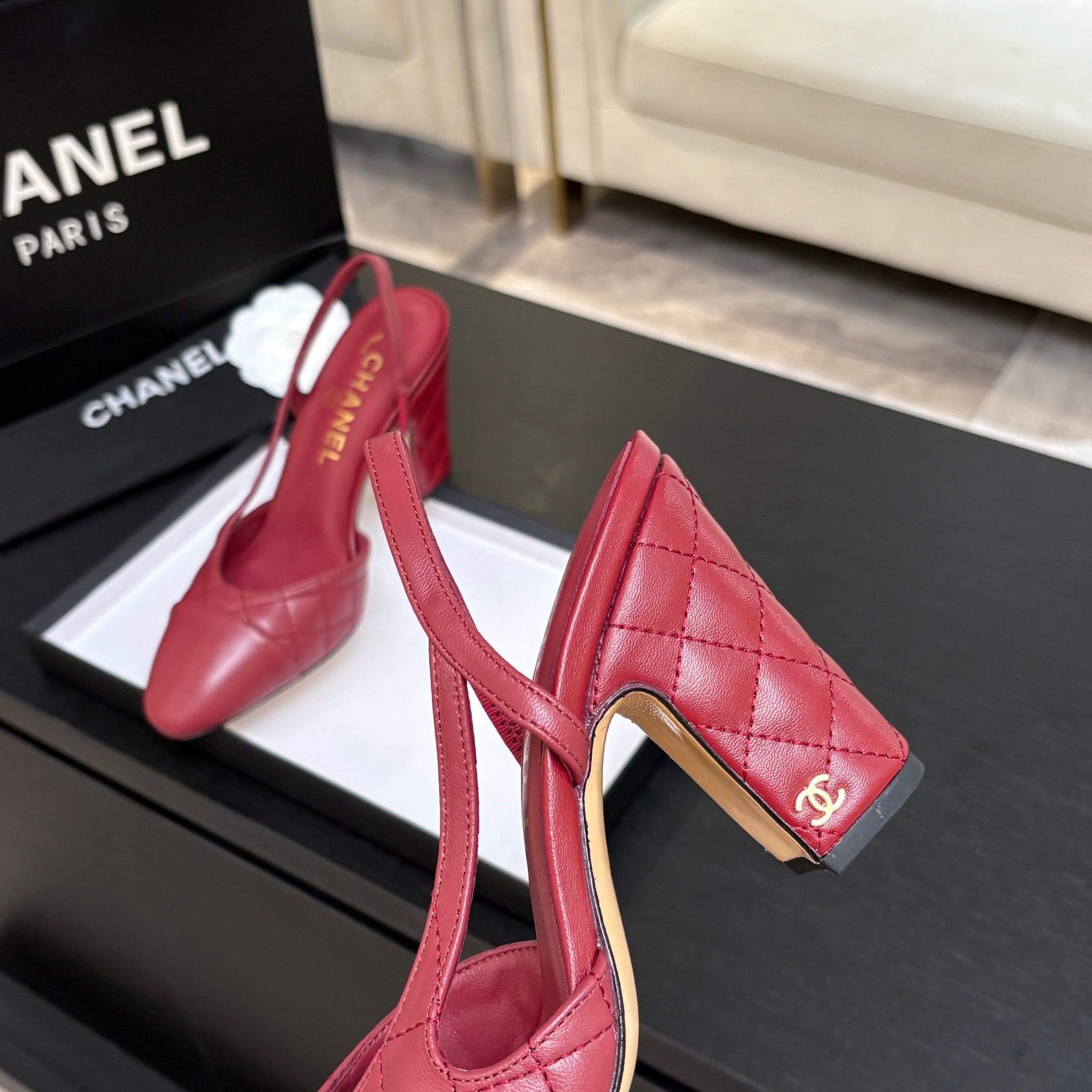 CC 26s Block Heel Slingback 9cm Burgundy Quilted Lambskin 958000