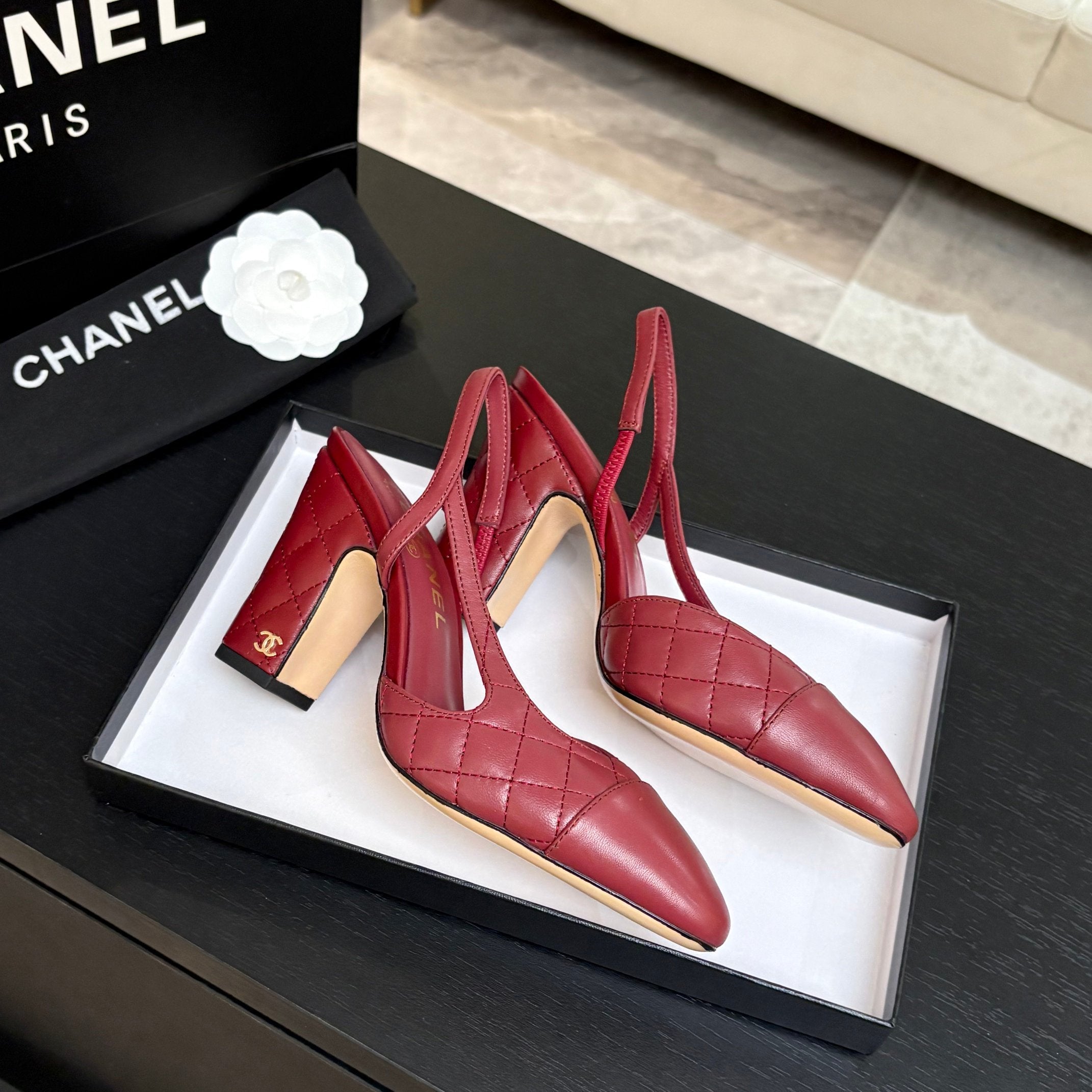 CC 26s Block Heel Slingback 9cm Red Quilted Lambskin 958001