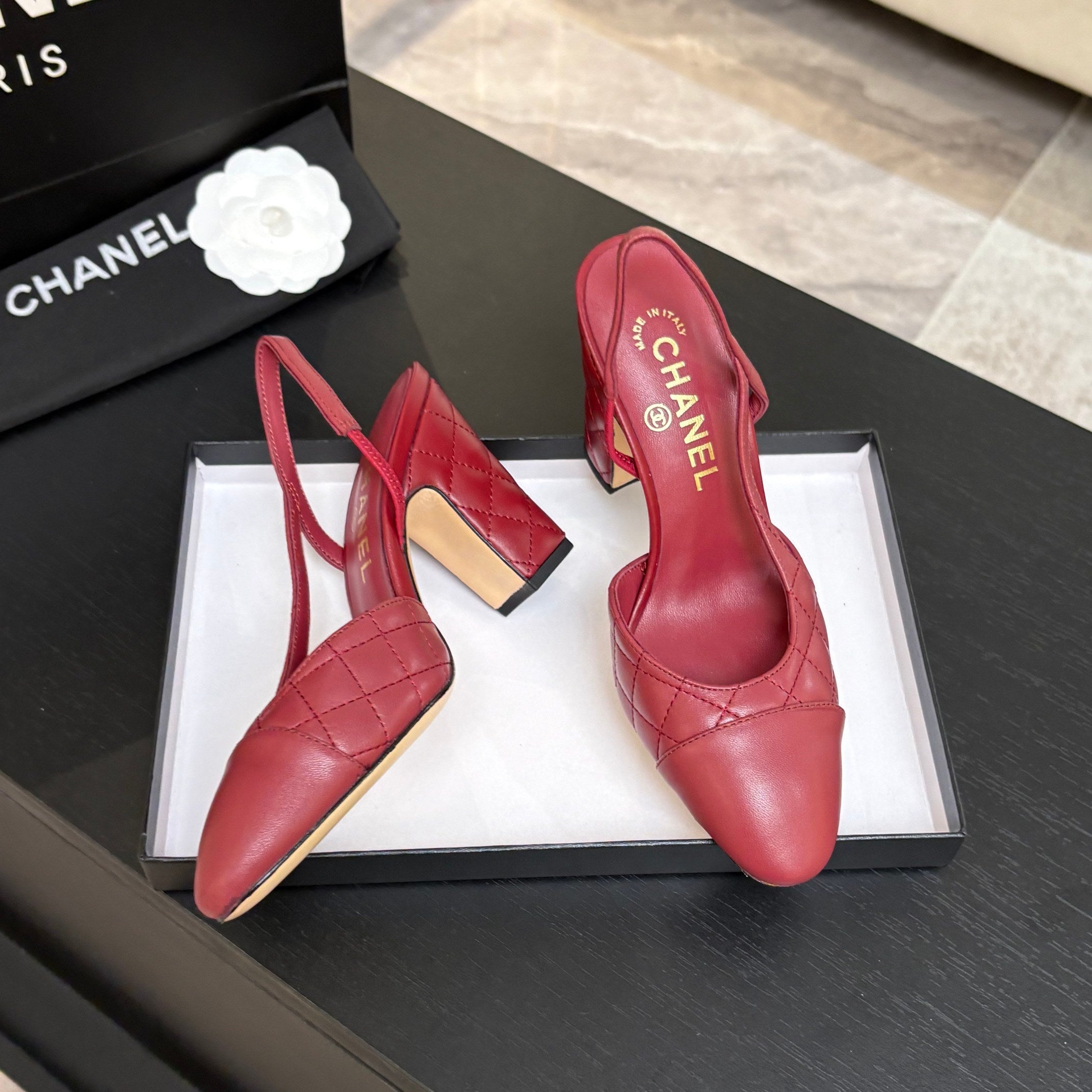 CC 26s Block Heel Slingback 9cm Red Quilted Lambskin 958001