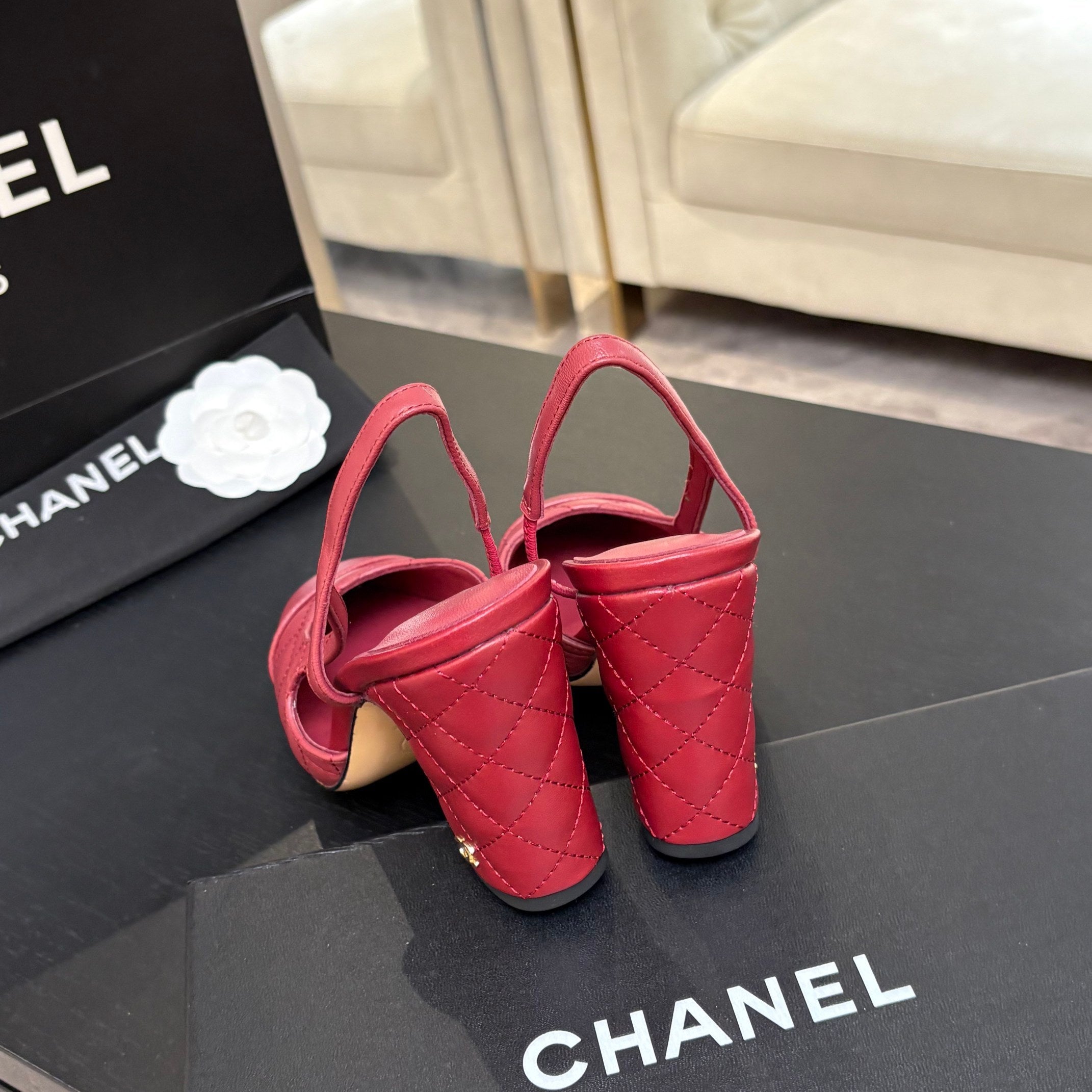 CC 26s Block Heel Slingback 9cm Burgundy Quilted Lambskin 958000