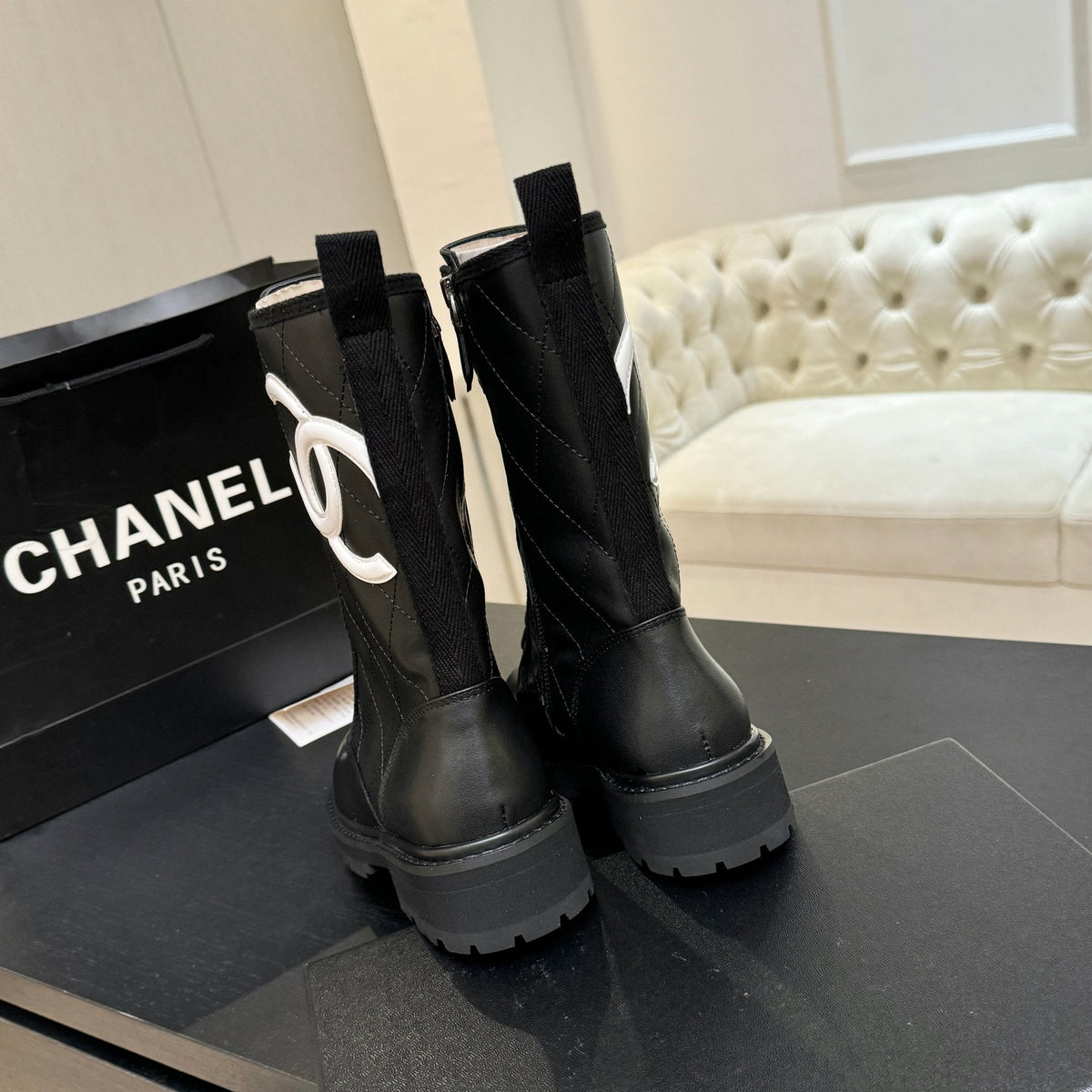 CC Quilted Combat Boots 26s Black Calfskin Leather 101988