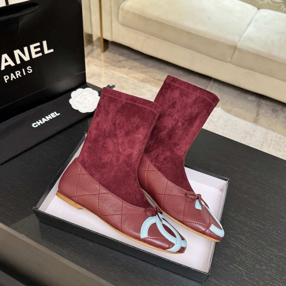CC 26s Cap-Toe Sock Boots Burgundy Suede Leather 106822