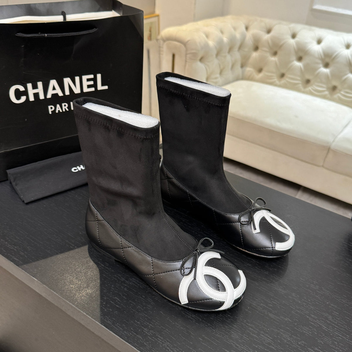 CC 26s Cap-Toe Sock Boots Black Suede Leather 106823