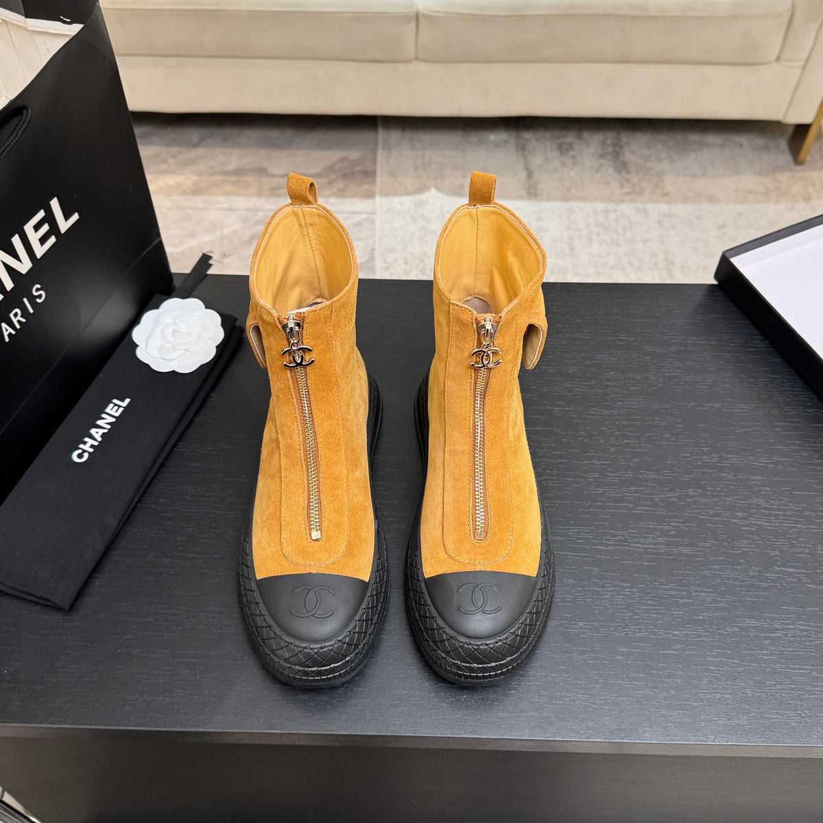 CC 26s Front-Zip Ankle Boots Mustard Suede Leather 106810