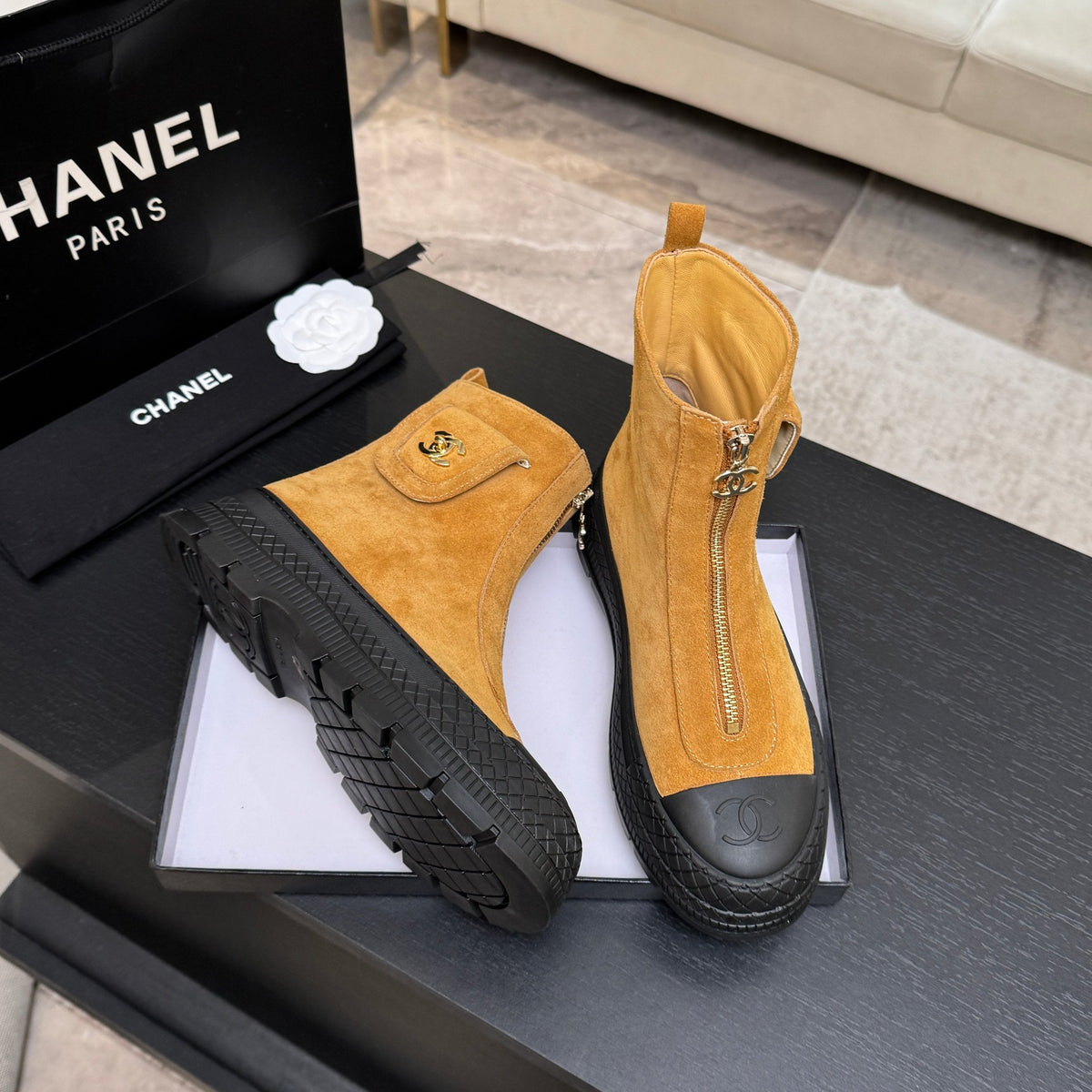 CC 26s Front-Zip Ankle Boots Mustard Suede Leather 106810