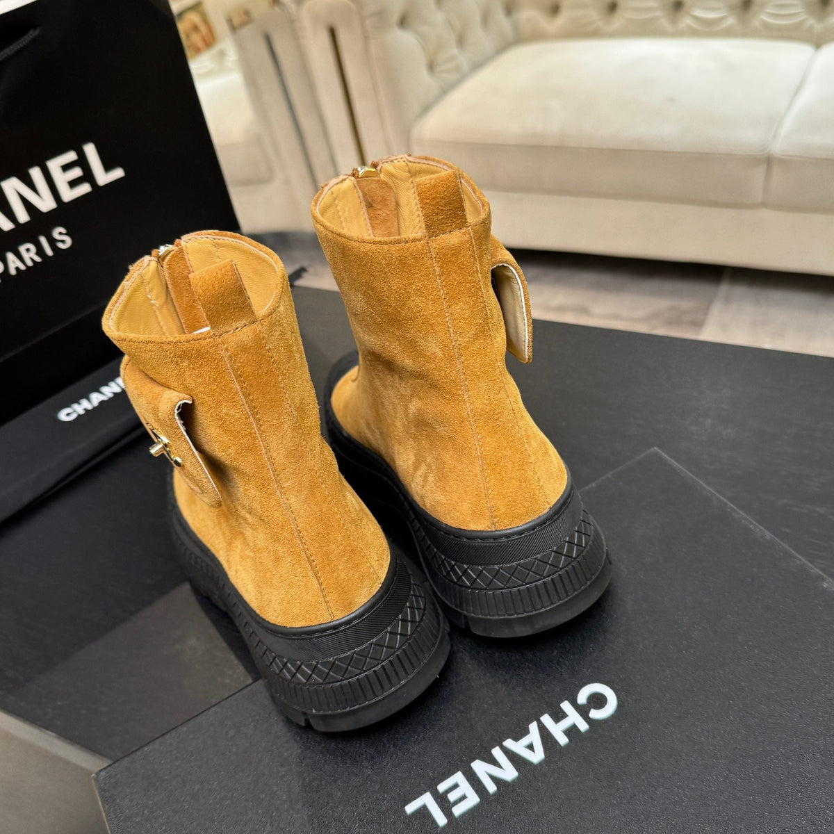 CC 26s Front-Zip Ankle Boots Mustard Suede Leather 106810