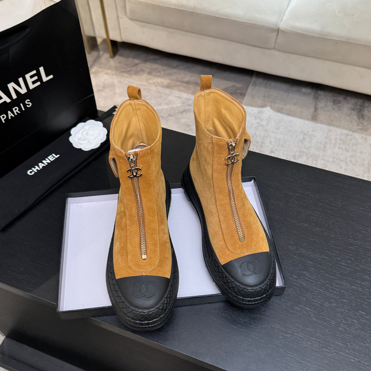 CC 26s Front-Zip Ankle Boots Mustard Suede Leather 106810