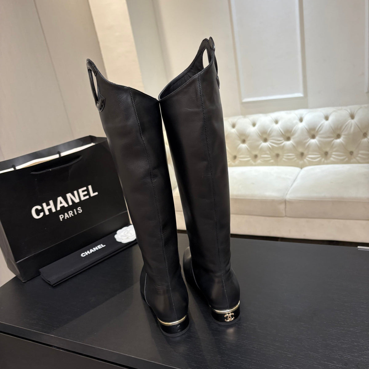 CC 26s Knee-High Riding Boots Black Patent Suede 106813