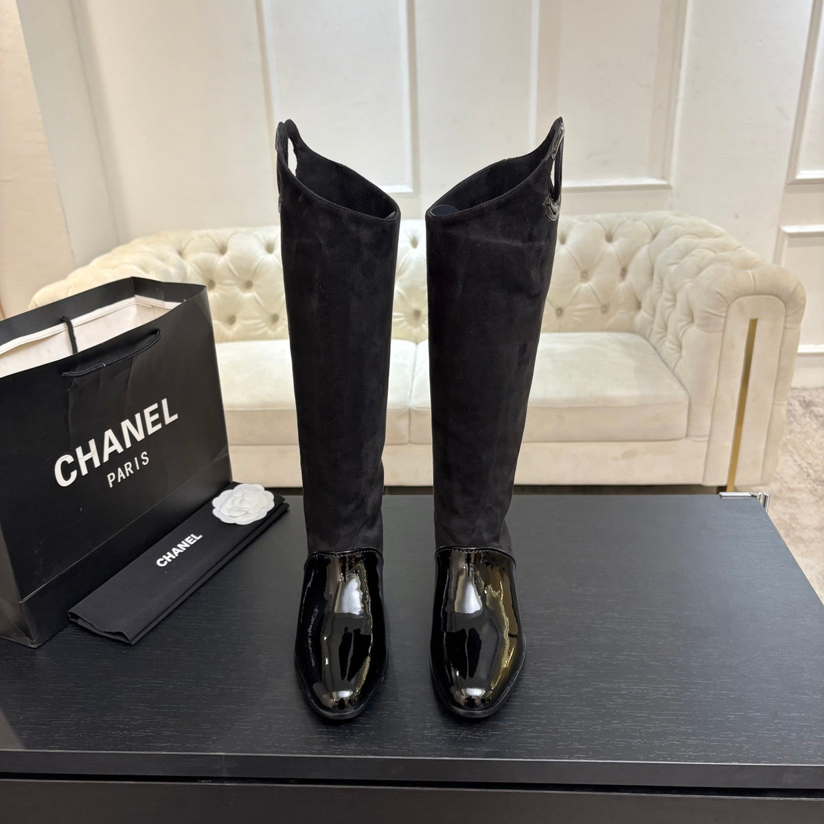 CC 26s Knee-High Riding Boots Black Patent Suede 106813