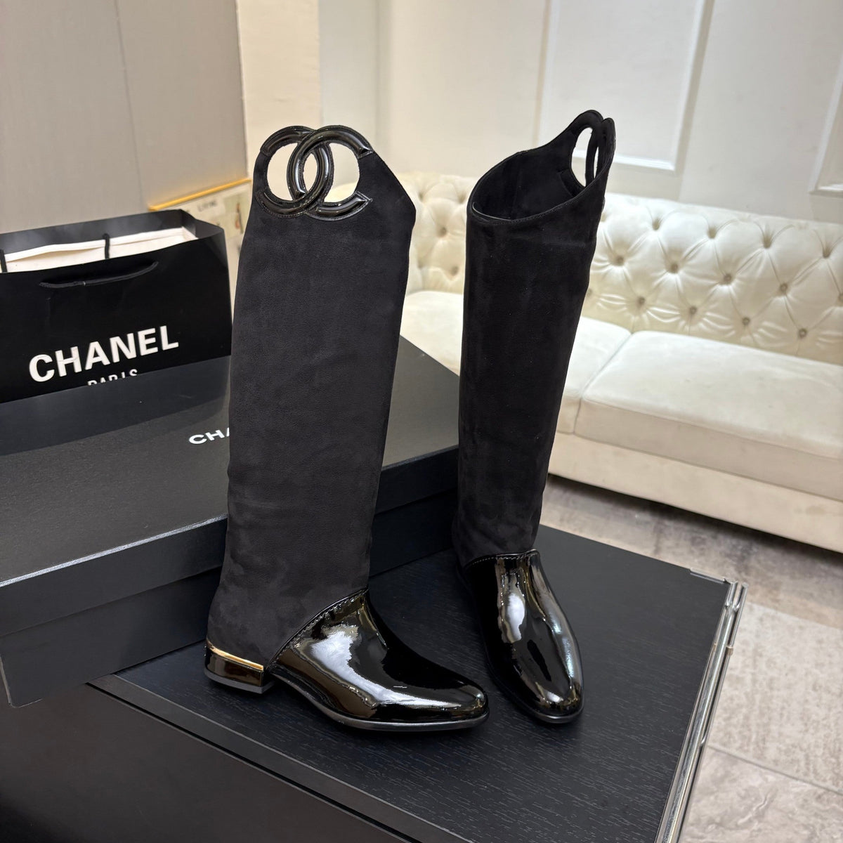 CC 26s Knee-High Riding Boots Black Patent Suede 106813