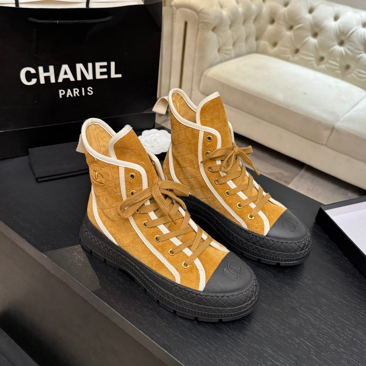 CC 26s High-Top Trainer Sneakers Yellow Suede Leather 106820