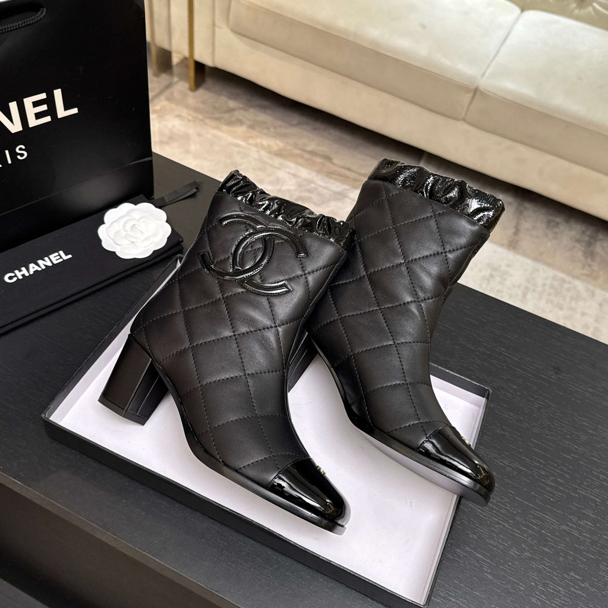Chanel 26s Quilted Ankle Boots 6cm Black Leather 167940