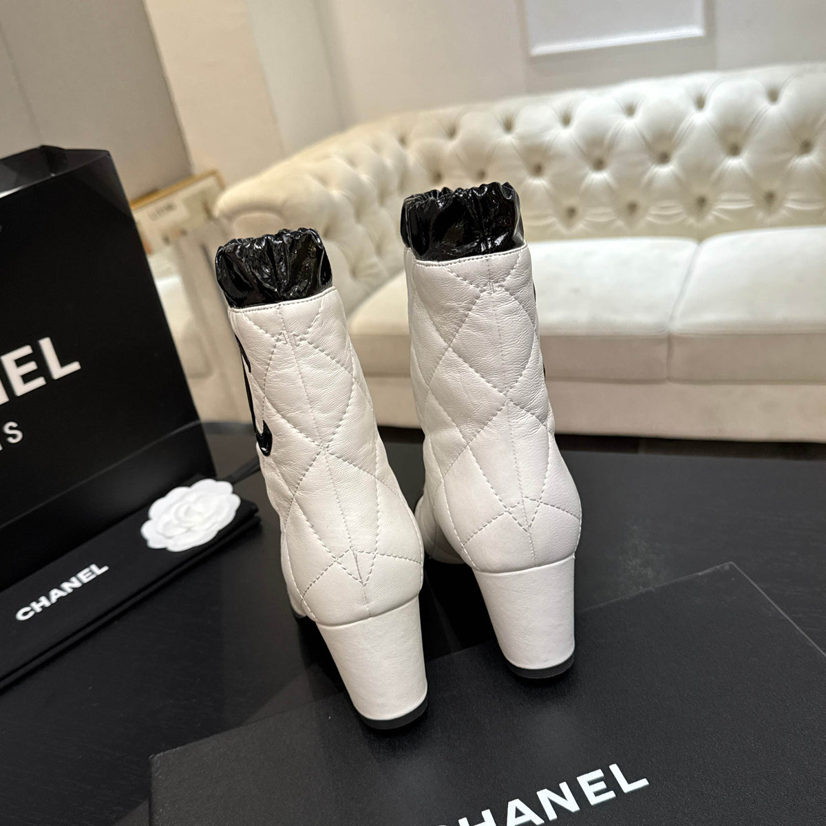 Chanel 26s Quilted Ankle Boots 6cm White Black Leather 167941