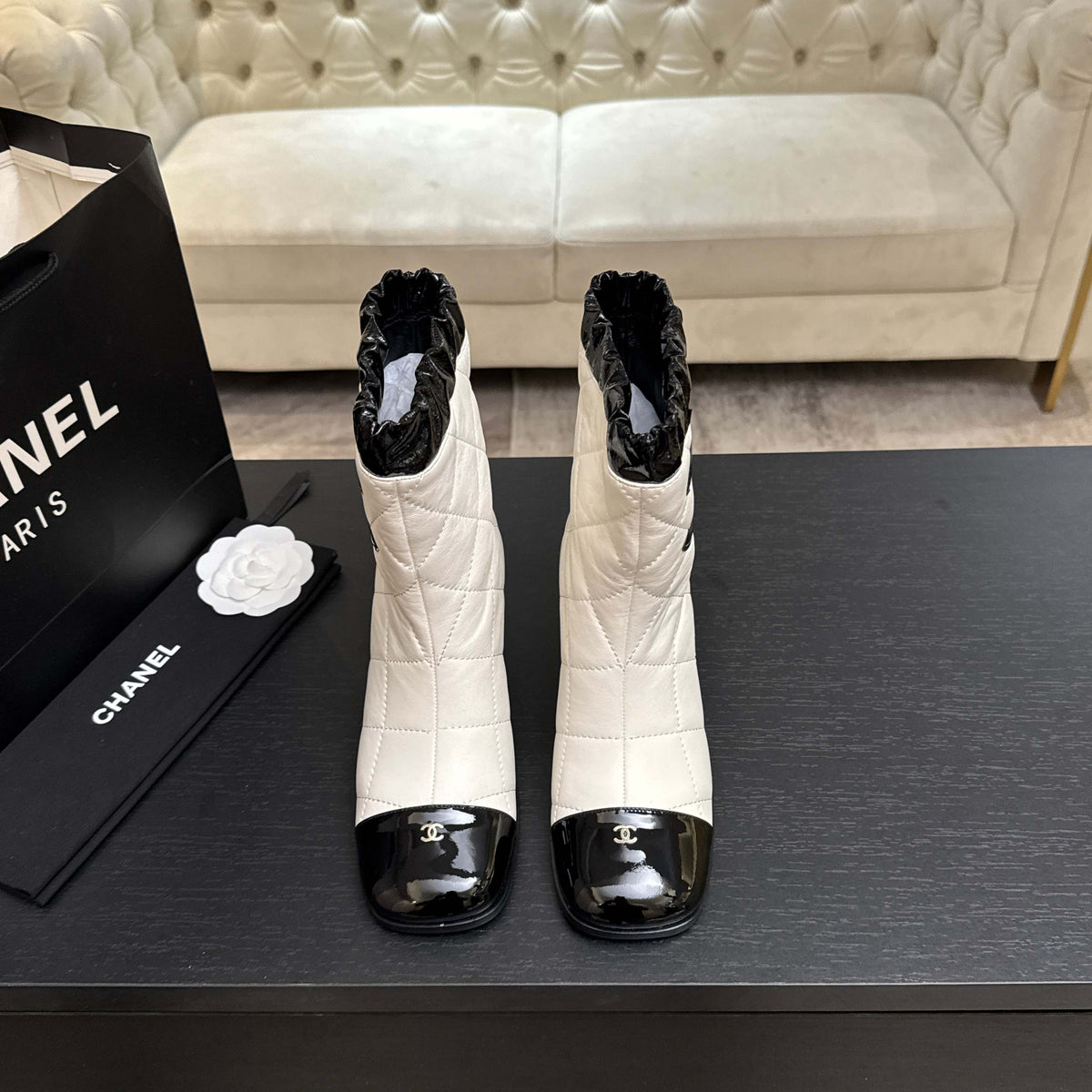 Chanel 26s Quilted Ankle Boots 6cm White Black Leather 167941