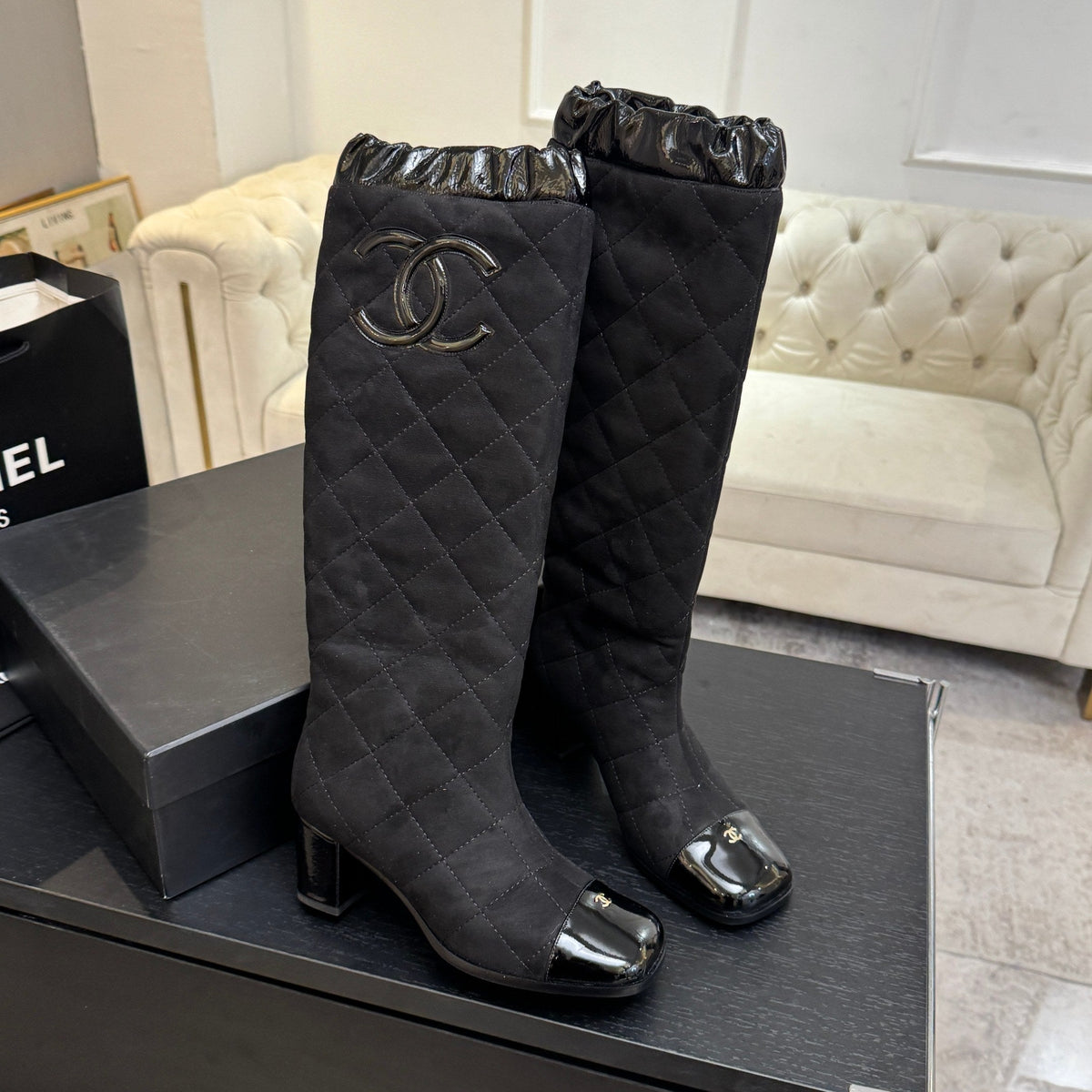 Chanel 26s Quilted High Boots 6cm Black Suede Leather 167943