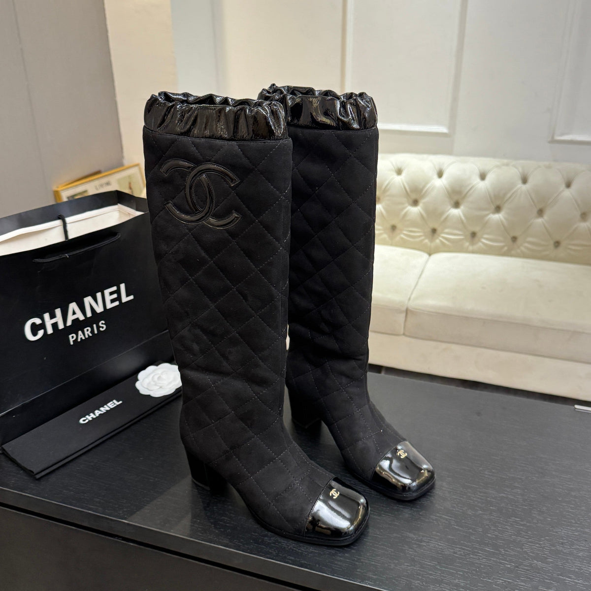 Chanel 26s Quilted High Boots 6cm Black Suede Leather 167943