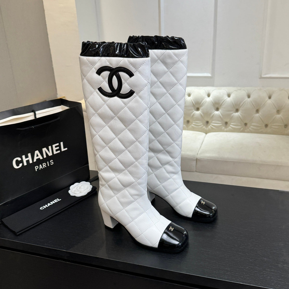 Chanel 26s Quilted High Boots 6cm White Black Leather 167944