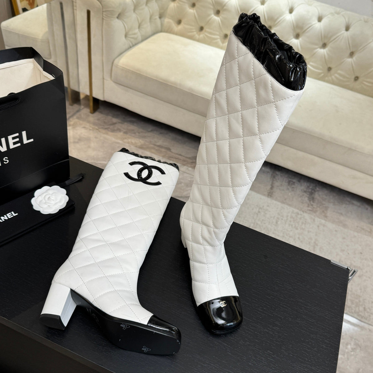 Chanel 26s Quilted High Boots 6cm White Black Leather 167944