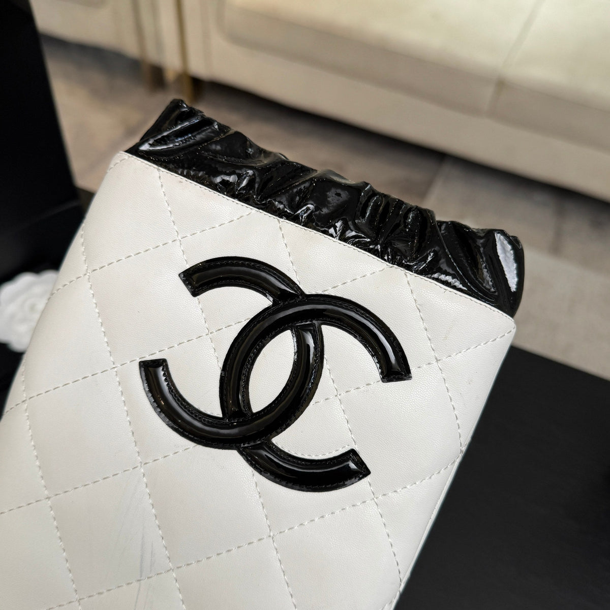 Chanel 26s Quilted High Boots 6cm White Black Leather 167944
