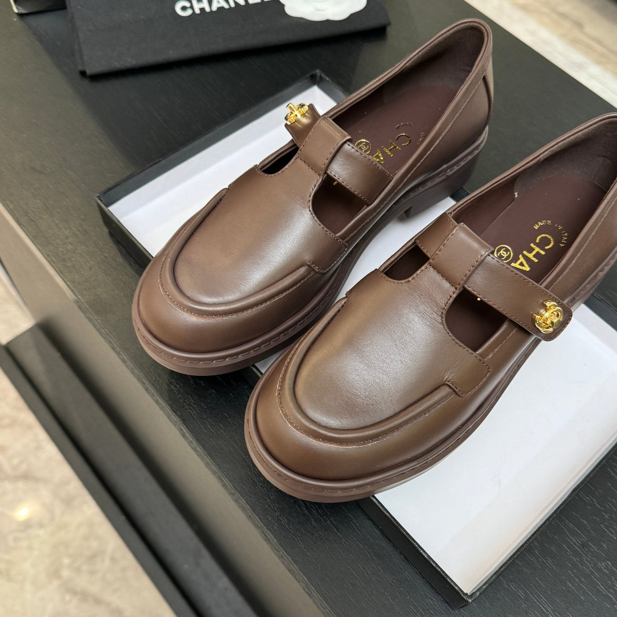 Chanel 26s Mary Jane Loafers 3cm Brown Leather 167973
