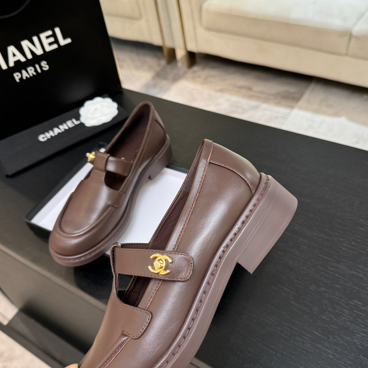 Chanel 26s Mary Jane Loafers 3cm Brown Leather 167973