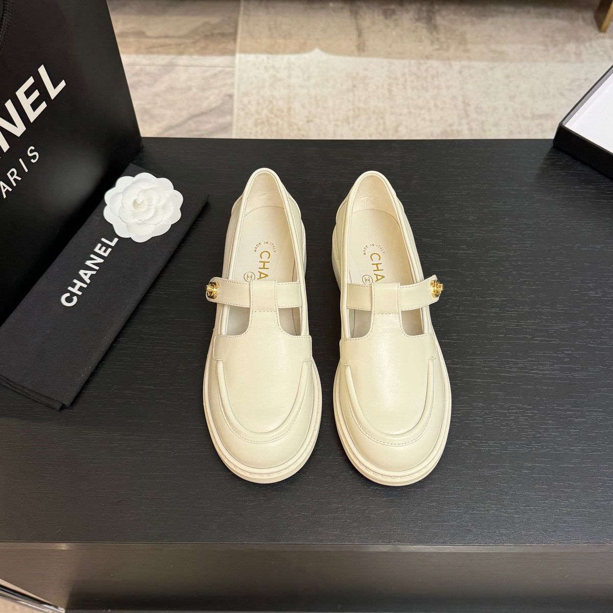 Chanel 26s Mary Jane Loafers 3cm Cream Leather 167974