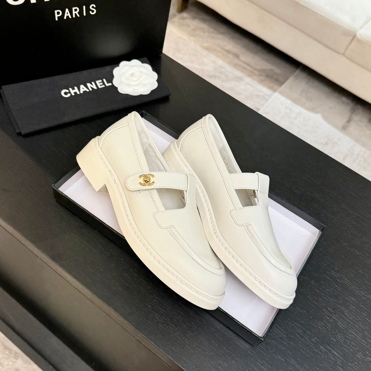 Chanel 26s Mary Jane Loafers 3cm Cream Leather 167974