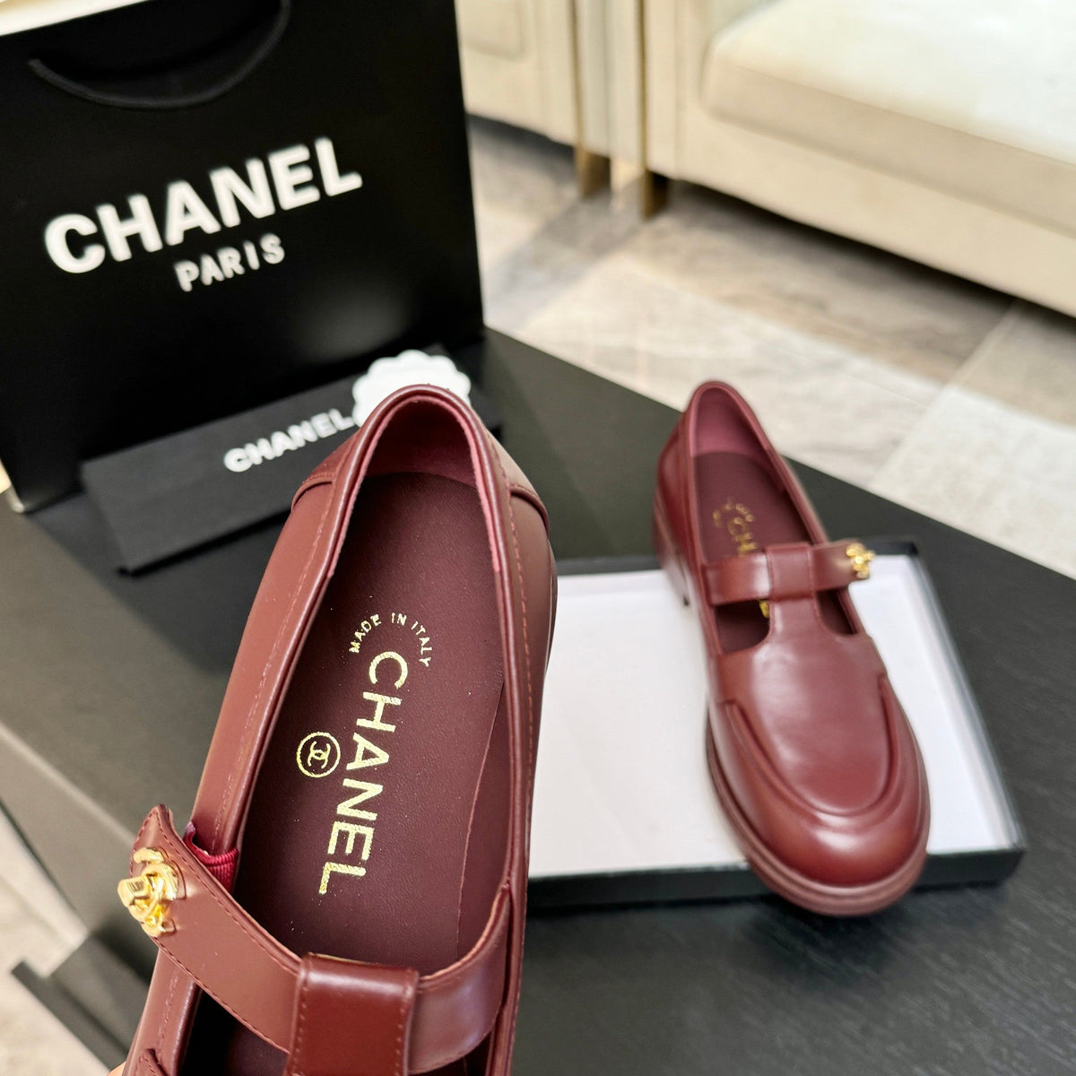 Chanel 26s Mary Jane Loafers 3cm Burgundy Leather 167975