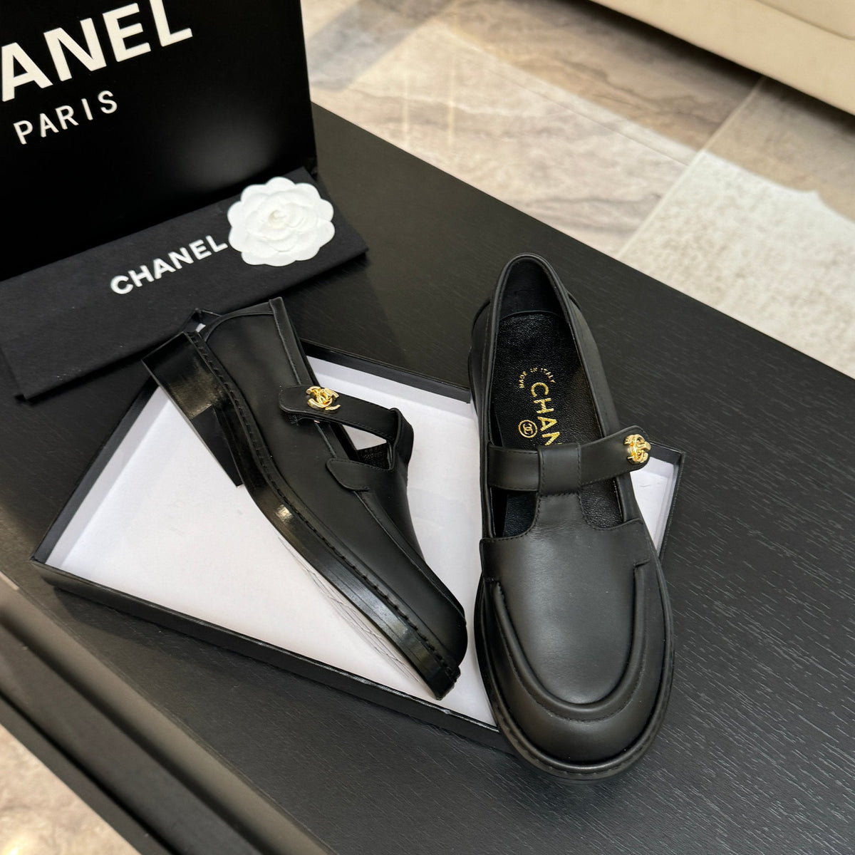 Chanel 26s Mary Jane Loafers 3cm Black Leather 167976