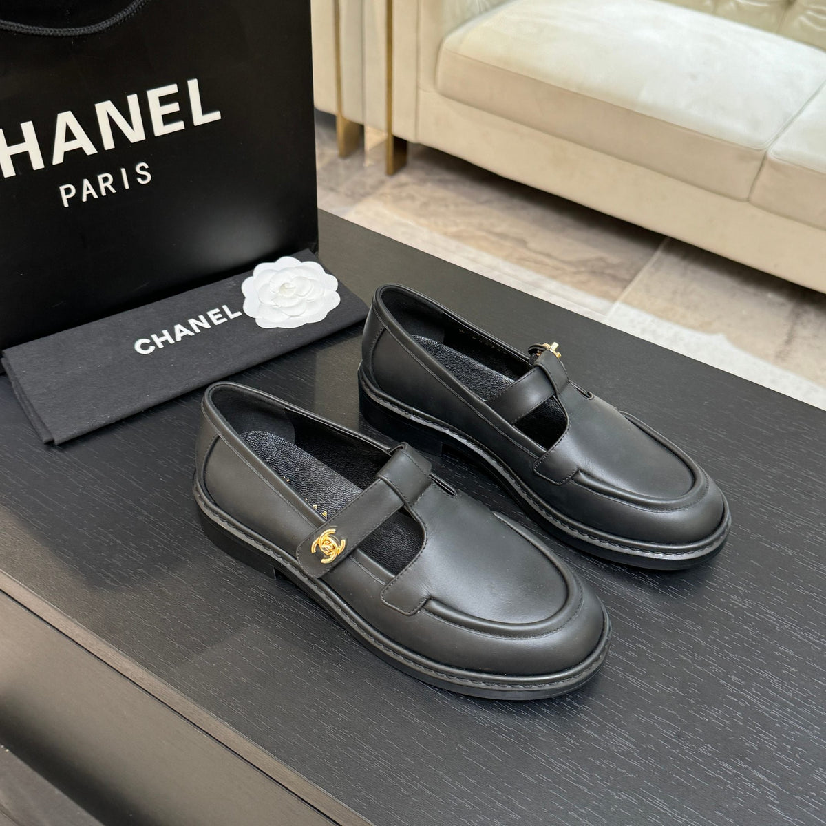 Chanel 26s Mary Jane Loafers 3cm Black Leather 167976