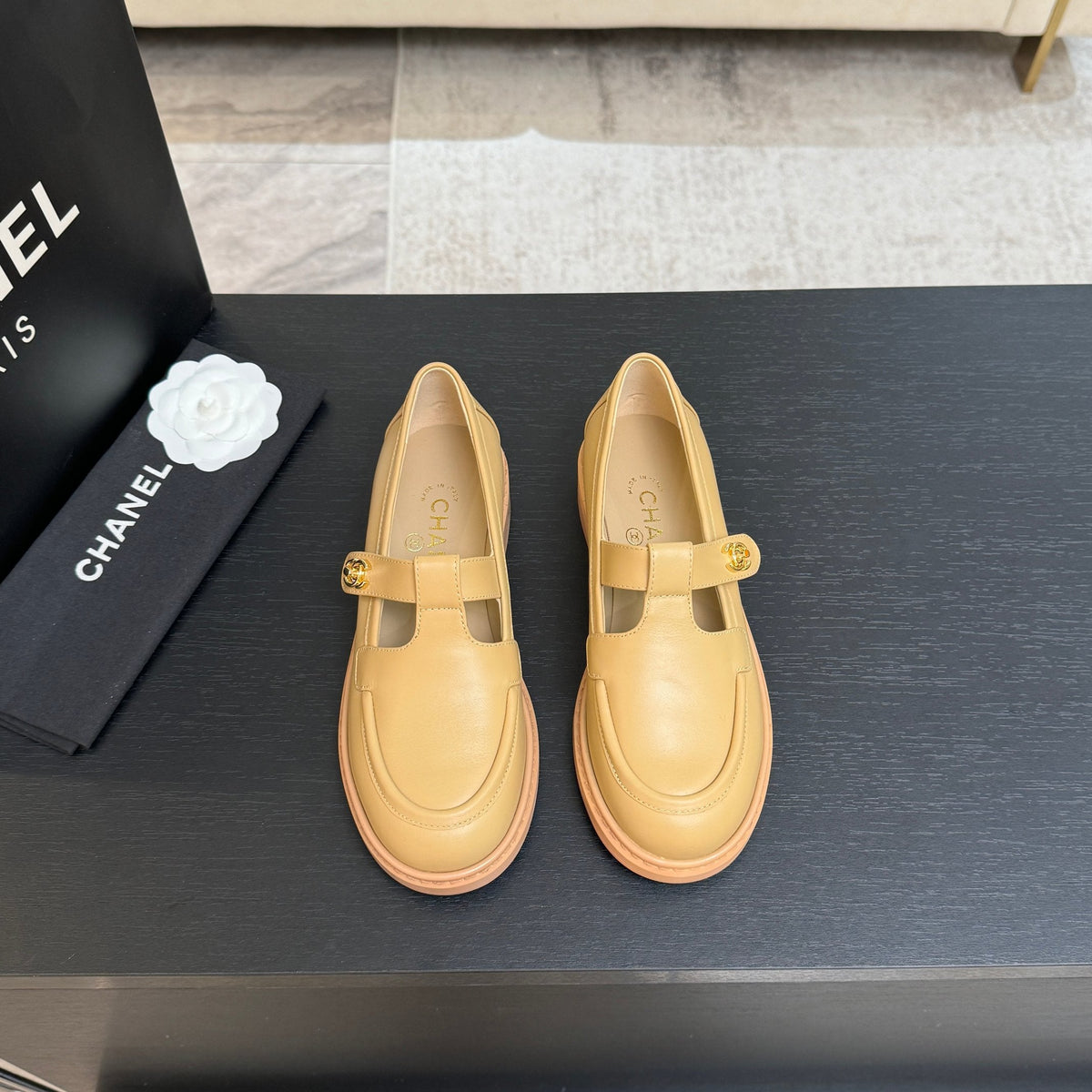 Chanel 26s Mary Jane Loafers 3cm Yellow Leather 167977
