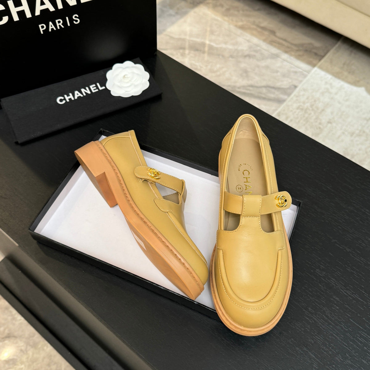 Chanel 26s Mary Jane Loafers 3cm Yellow Leather 167977