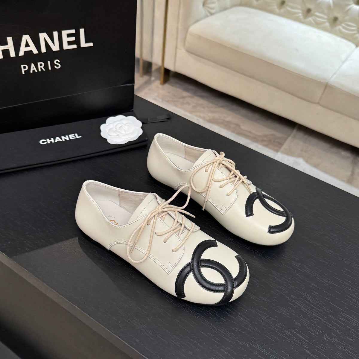 Chanel 26s Cambon Oxfords Cream Black Leather 168046