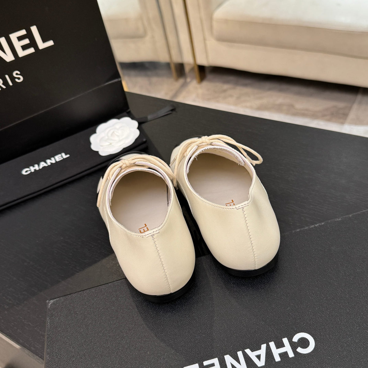 Chanel 26s Cambon Oxfords Cream Black Leather 168046