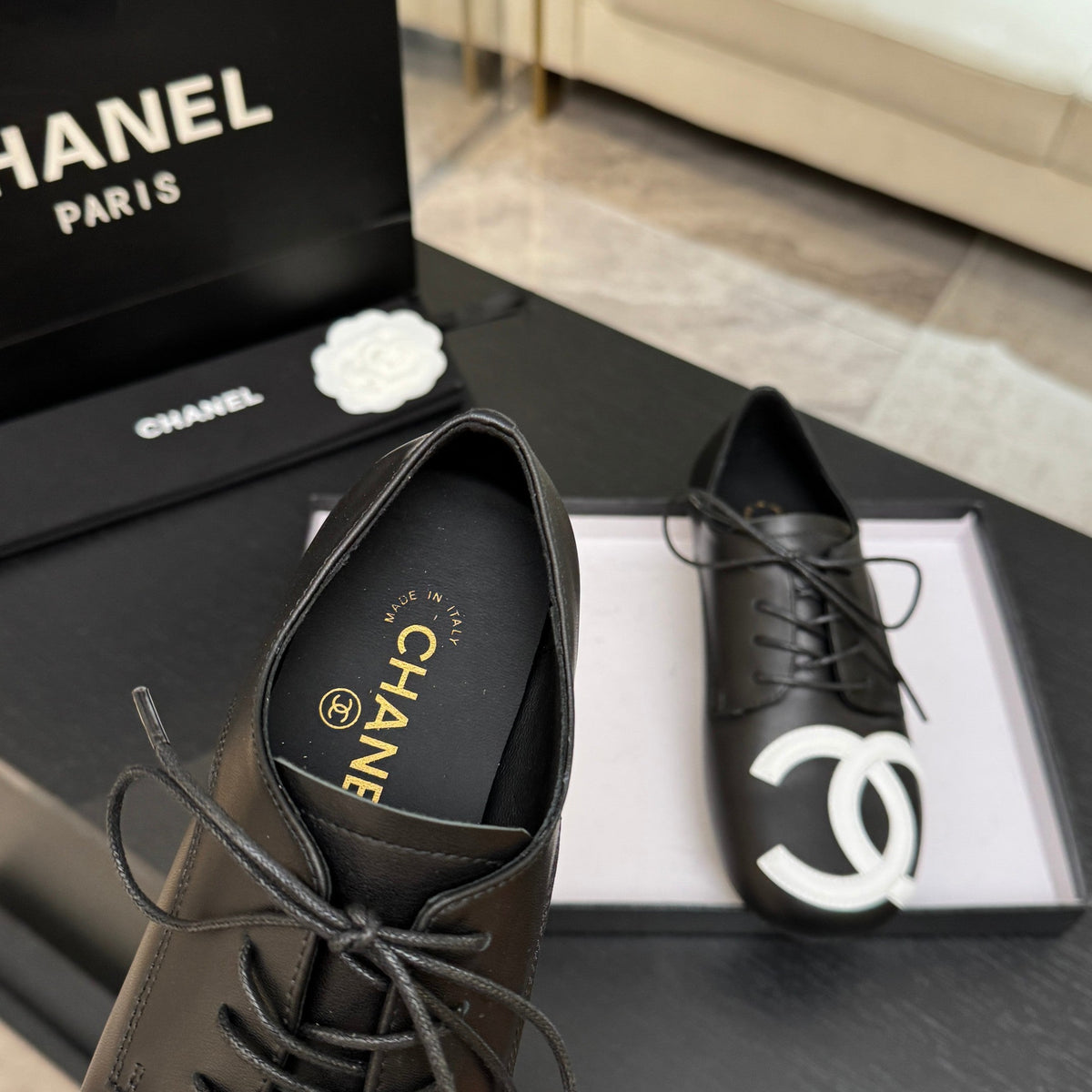 Chanel 26s Cambon Oxfords Black White Leather 168048